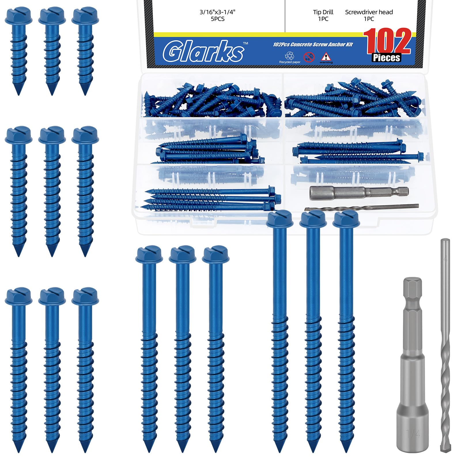 Glarks 102pcs 3/16 x 1-1/4 1-3/4 2-1/4 2-3/4 3-1/4’’ Slotted Hex Washer Head Concrete Screws Anchor Kit