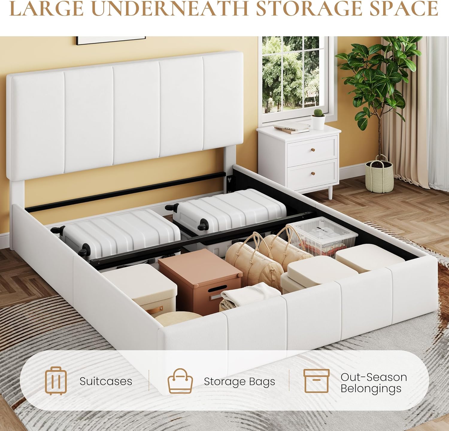 Close-up image of the large underneath storage space of the SHA CERLIN bed frame, showing organized items like suitcases, storage bags, and off-season belongings.