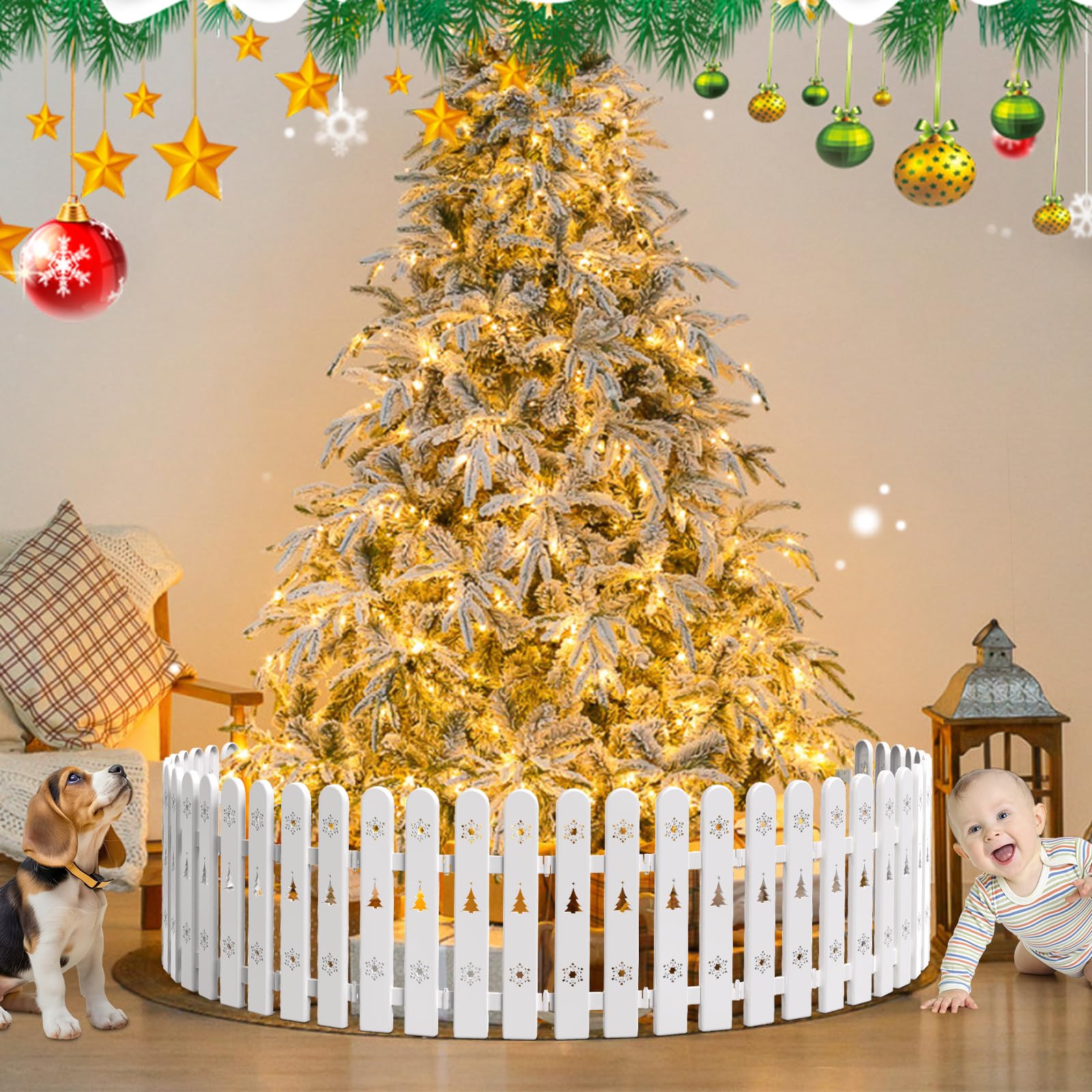 christmas tree fences: 36 pieces white diy christmas tree gate picket fence border for xmas holiday party decoration - 4.6 x 12 inches decorative plastic tree barrier