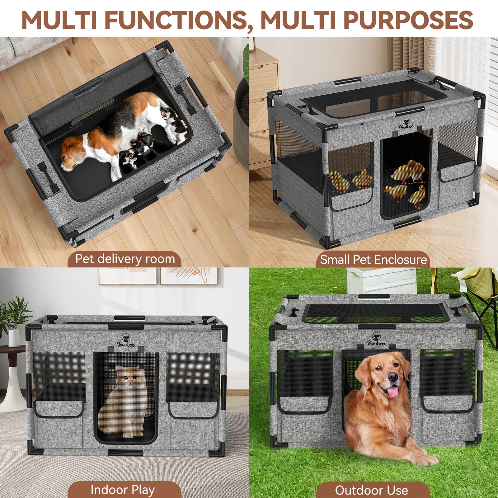 Pawabo Recinto per Cani Con Copertura e Cancello, Recinto per Cuccioli Recintos per Cani, Tessuto Irrobustito Resistente allo Strappo Recintos con Fondo Impermeabile & Rete Traspirant,L, Nero & Grigio