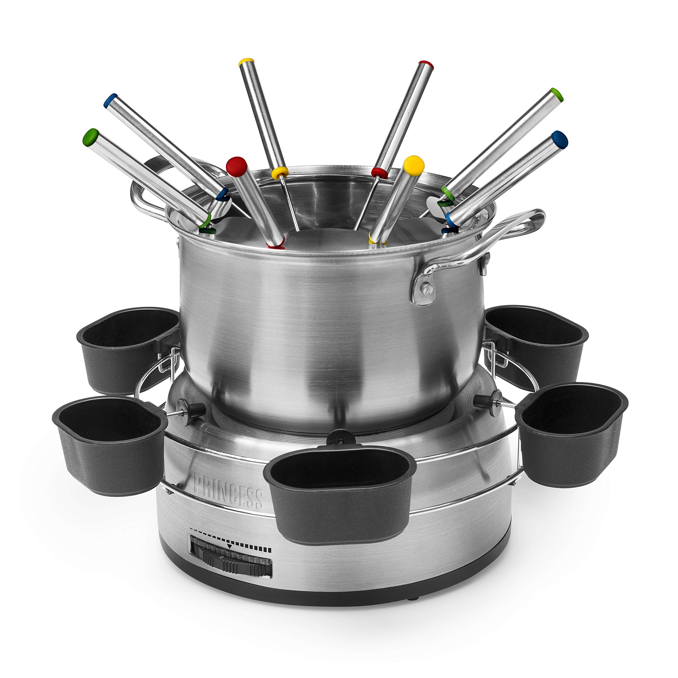 Princess Family Fondue-Set - 800 W, 1,2 Liter Fassungsvermögen, Thermostat, Edelstahl, doppelter Boden, 8 Fonduegabeln, 6 Dipschalen, Silber, 172680 01.172680.01.001, edelstahl, silber
