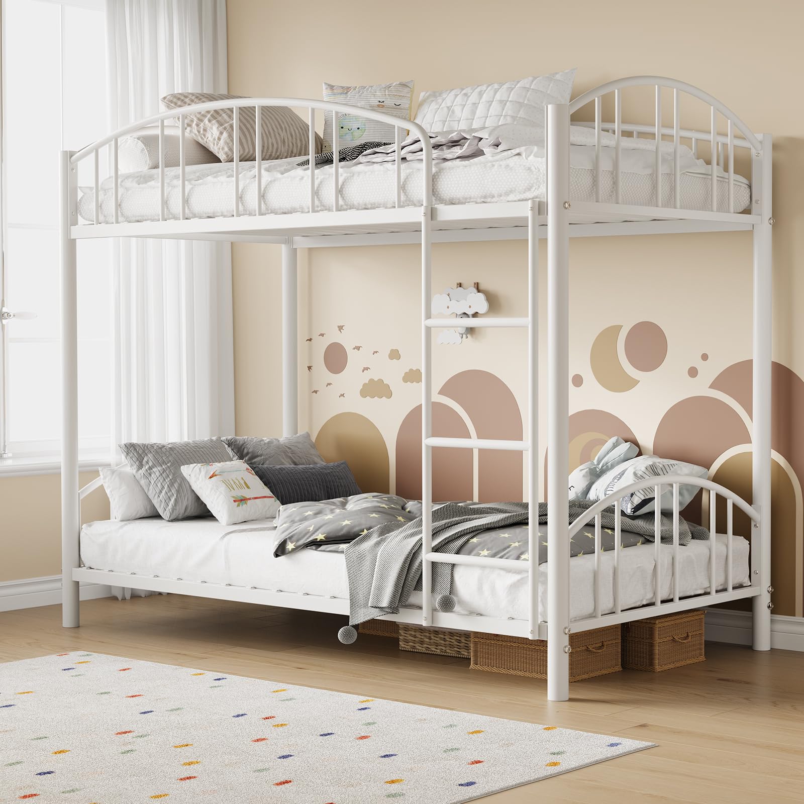 GarveeHome Metal Bunk Bed Twin Over Twin, Heavy Duty Bunkbeds Frame with Arched Guardrail and Safety Ladder, Sturdy Steel Bed for Kids Boys Girls,