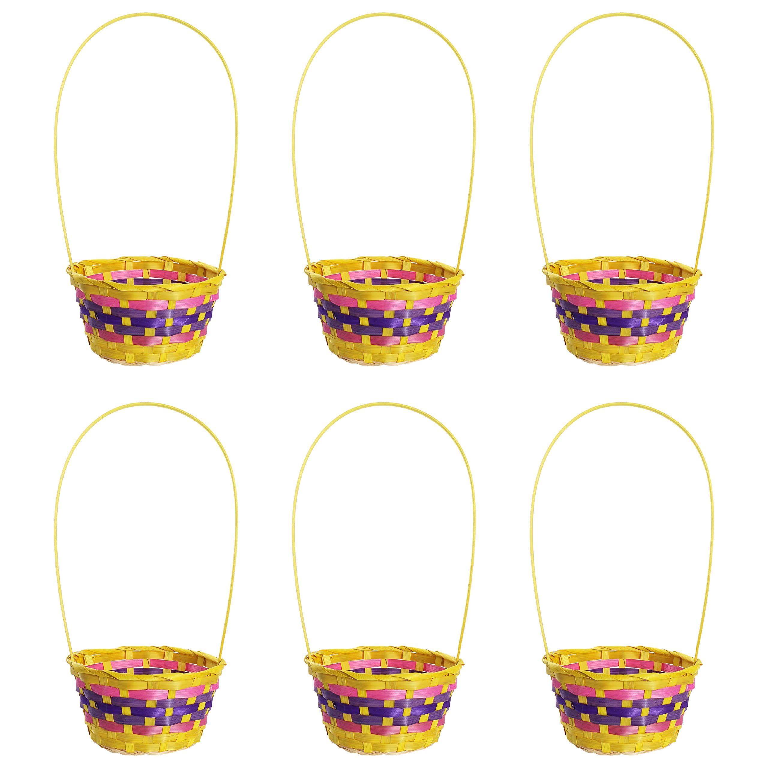 Yellow Easter Basket - Pack of 6 - Large Yellow Basket With Pink and Purple Woven Pattern - Perfect for Easter, Easter Egg Hunts, Easter Bunny Costumes and Other Fancy Dress Events