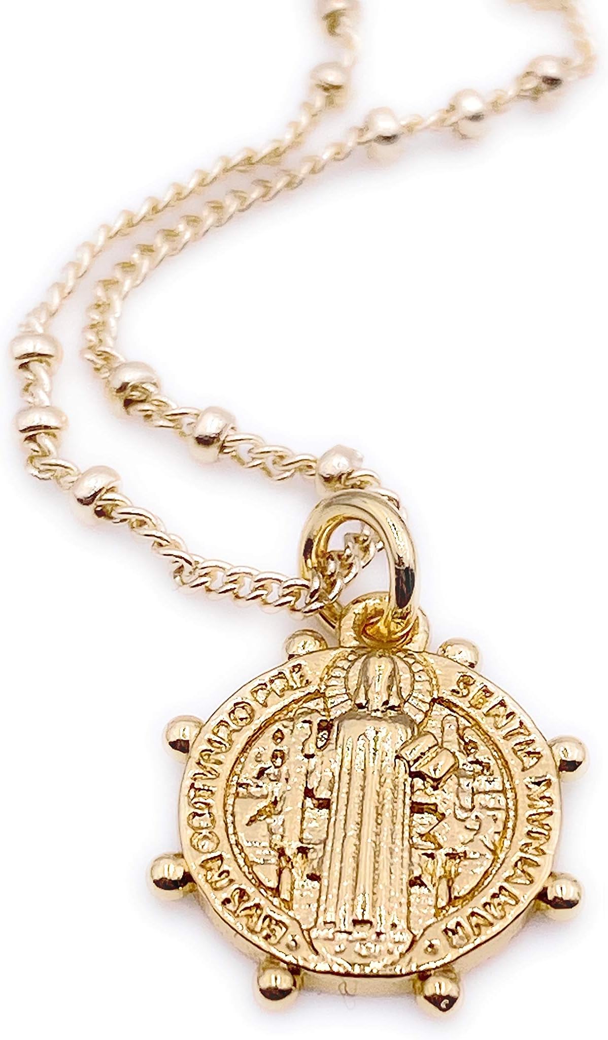 LESLIE BOULESGold Saint Benedict Round Medal Necklace for Women 18K Gold Plated Chain Religious Jewelry, Medium, Brass, No Gemstone