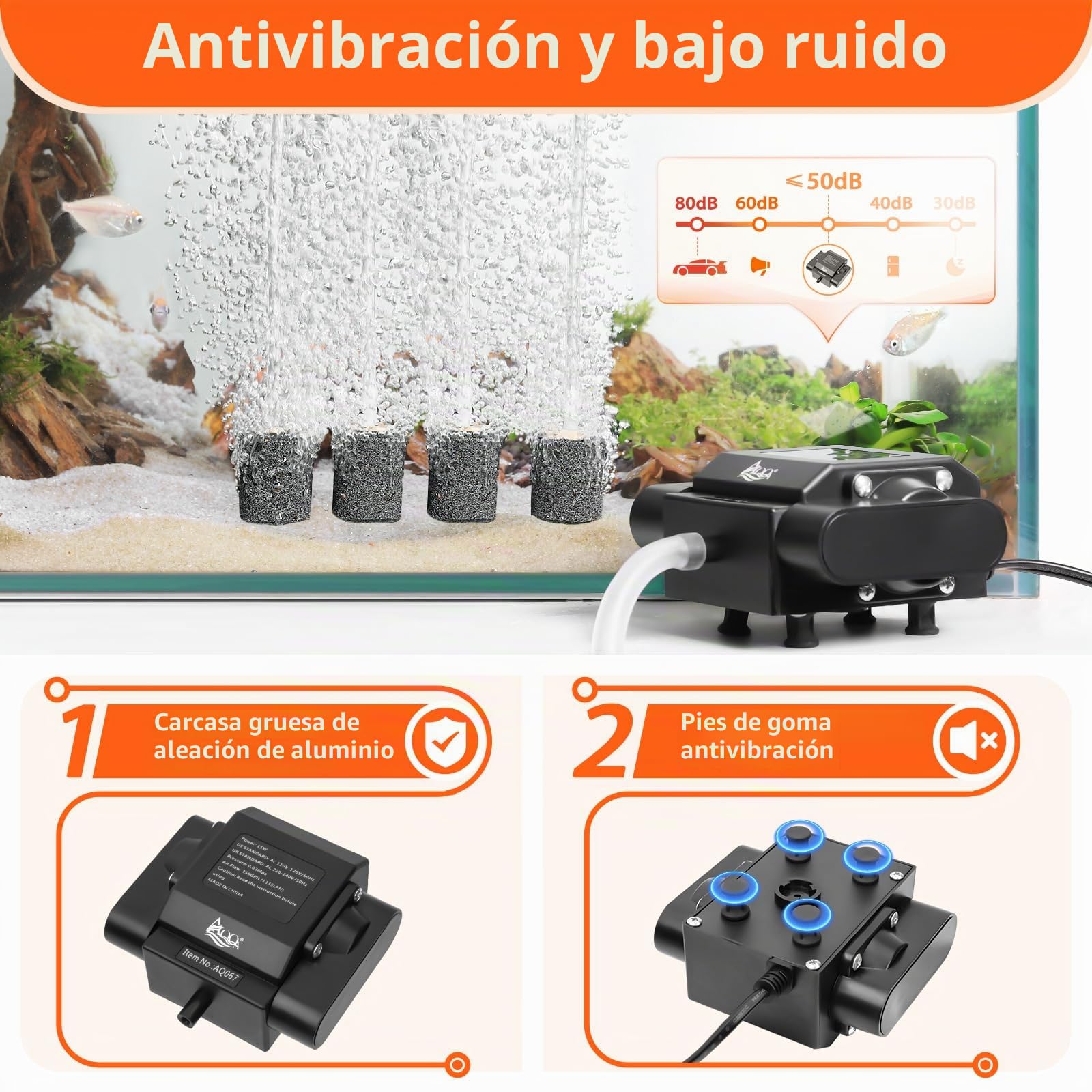 AQQA Bomba de aire para acuario, 4 tomas, potente aireador de estanque al aire libre, bomba de oxígeno para peceras, bomba de burbujas de aire ajustable con accesorios