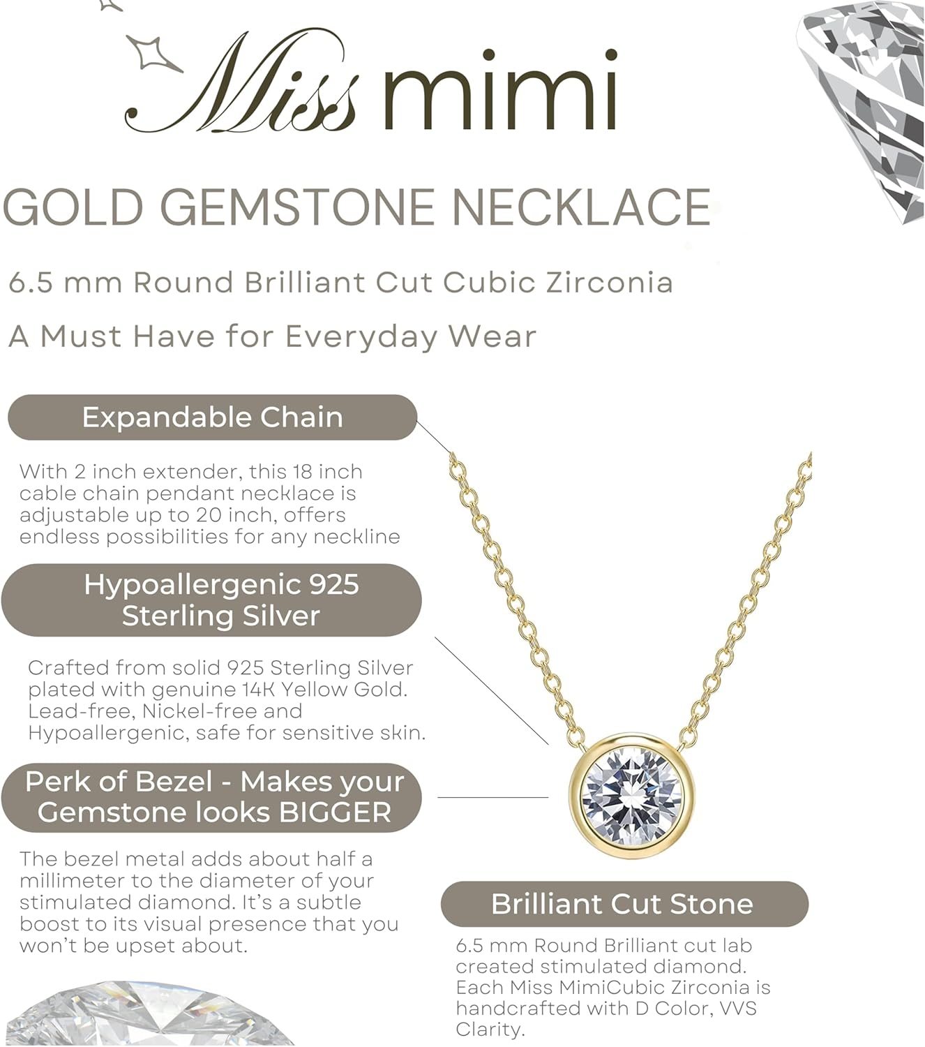 MISS MIMI Solitaire Cubic Zirconia Necklace for Women, 1–3 CT Round,Heart,Princess Cut CZ Options, Bezel or Prong Set in 925 Sterling Silver, Adjustable 16–20" Minimalist Everyday Jewelry - Image 2