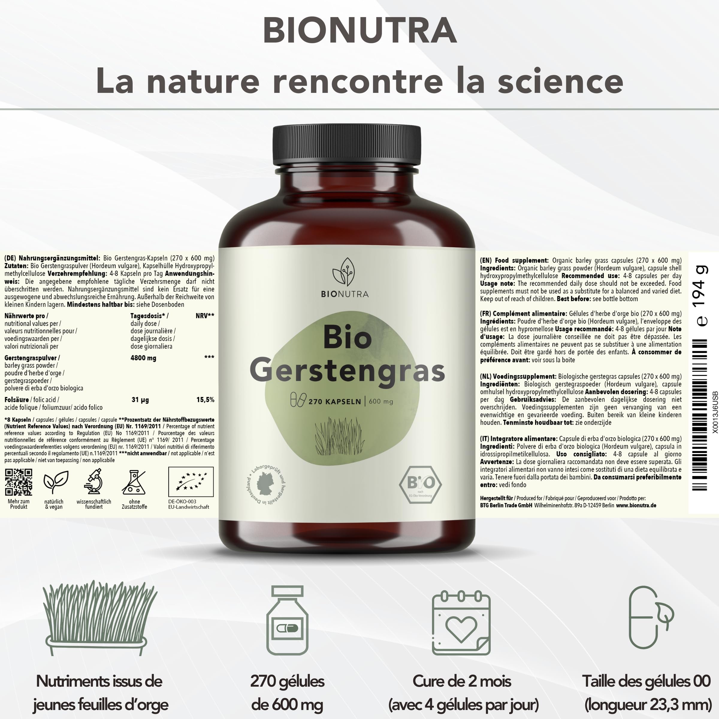 BIONUTRA® Gélules d’herbe d’orge bio hautement dosées – 4800 mg/jour, 270 gélules, véganes, sans additifs, poudre pure, fabriqué en Allemagne