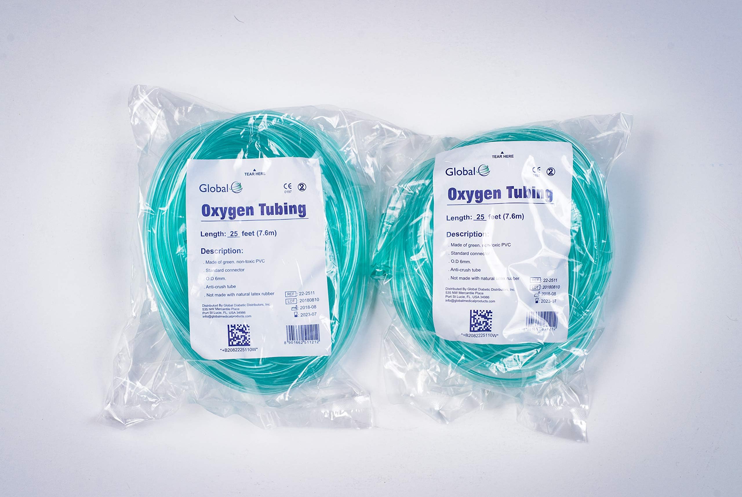 Global Crush Resistant Oxygen Tubing - 25'(25 ft) Tubing, Green - 2 Pack