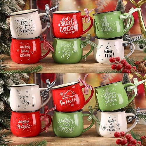 Zubebe Juego de 12 tazas de café de Navidad, 12 onzas, tazas de cerámica de cacao caliente, regalo de Navidad para mamá, mujer, familia, amiga,