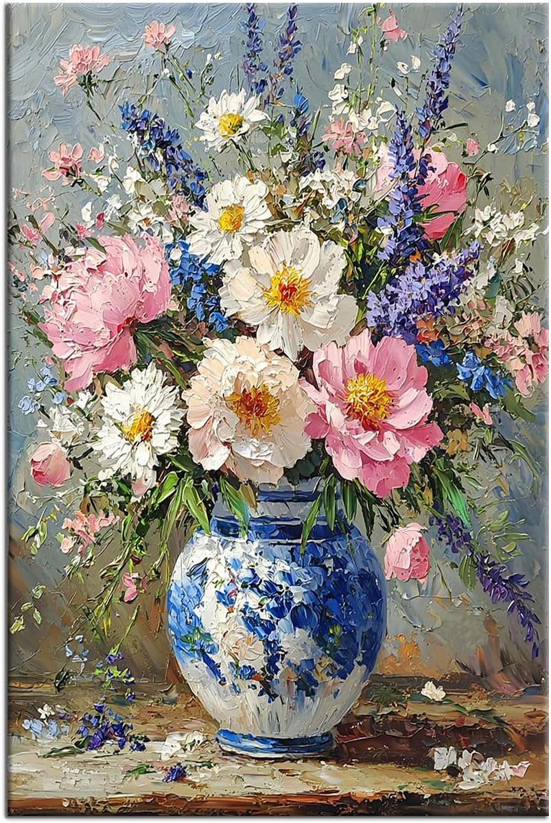 Floral Canvas Poster Print Wall Art Classical Colorful Wildflower Vintage Theme Picture Painting Wall Decor Artwork for Modern Home Living Room Farmhouse Hotel Stretched and Framed [24''Wx36''H]