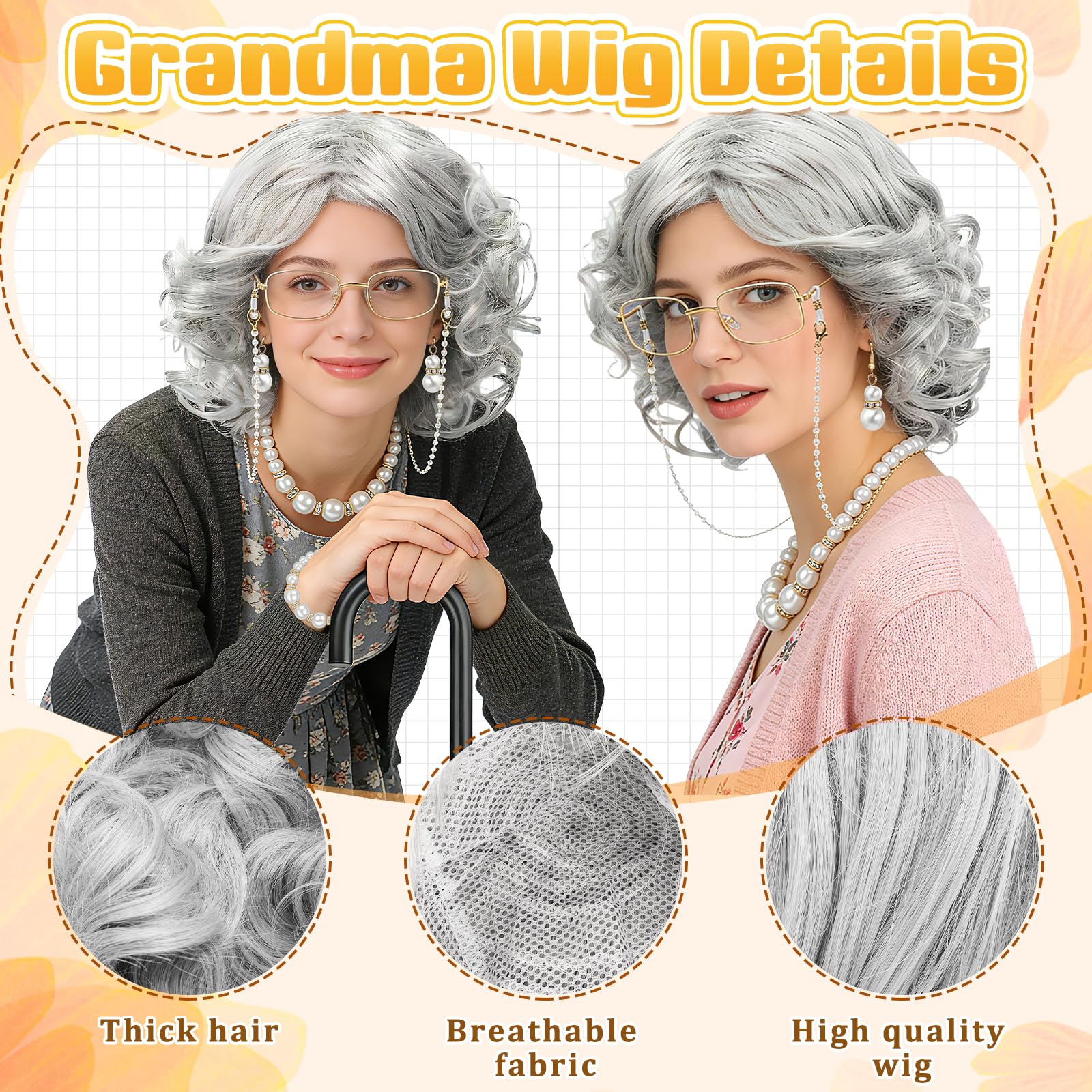 Kyndara 9pcs Old Lady Fancy Dress Kit for Women Granny Costume Accessory Set including Wig Pearl Necklace Bracelet Earrings Bag Glasses Walking Stick for Adult Christmas Halloween World Book Day Cosplay - Image 4