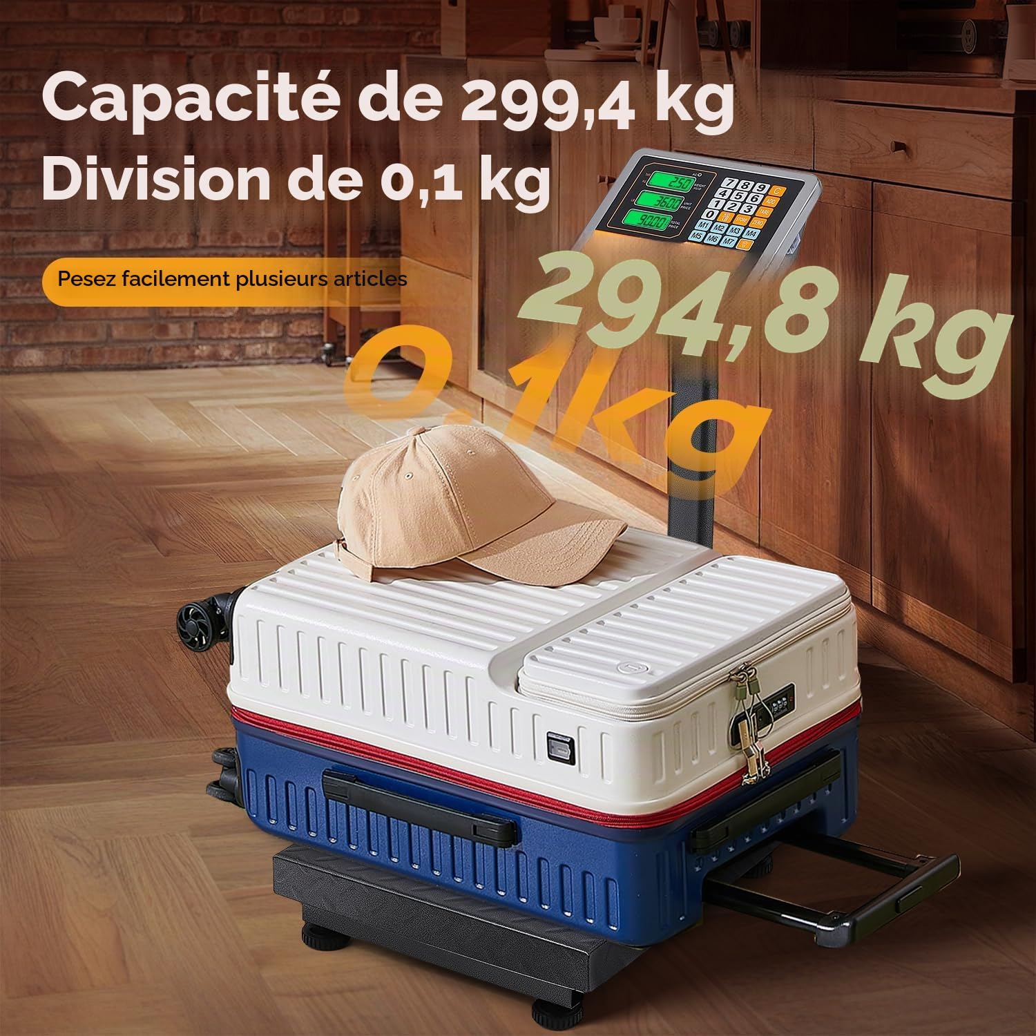 Bonvoisin Balance Plateforme Industrielle 300kg/0.1kg - Balance Lourde Numérique pour Colis avec Plateau 45x40cm, Conversion KG/LB, Écran LCD, Roulettes& Pieds Réglables, Alimentation Secteur/Batterie
