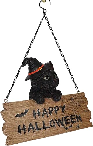 Miniatura 2 de Ebros Adorable gatito negro realista con sombrero de bruja sosteniendo Happy Halloween tablón letrero rama pared colgante figura Halloween brujas