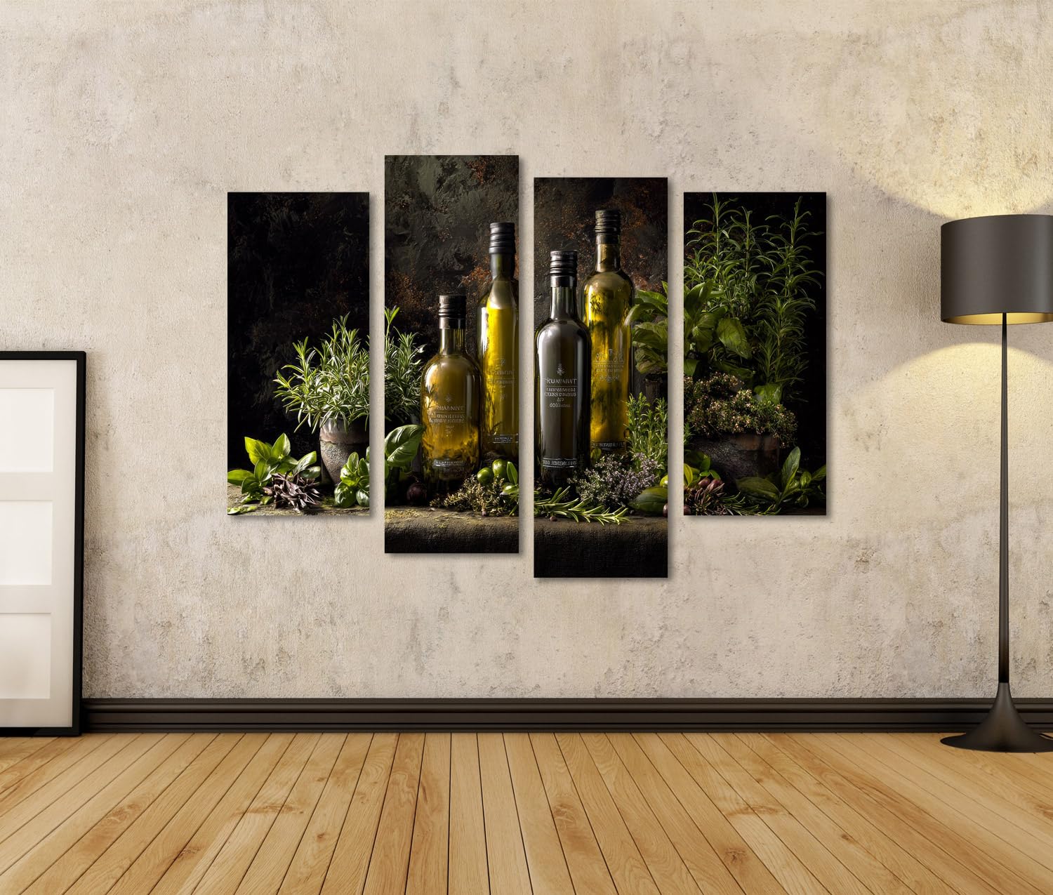 islandburner Primer cuadro sobre lienzo botellas de aceite de oliva con kraeuters y aceitunas sobre mesa - lienzo 130x80cm - 4 piezas
