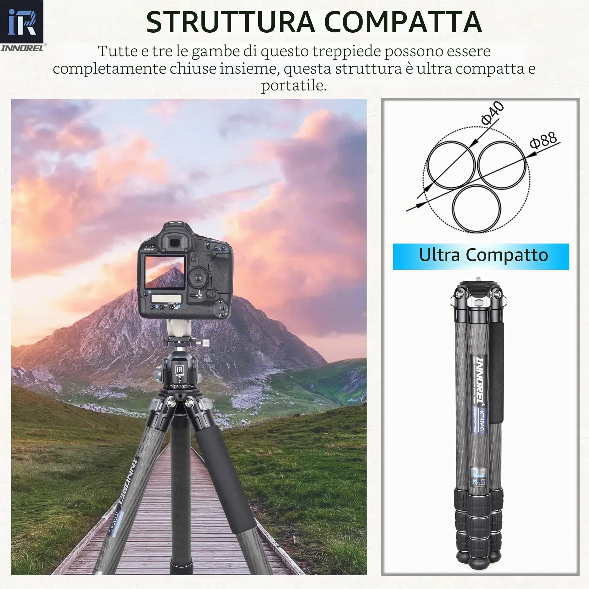 INNOREL KT404C Treppiede compatto a 10 strati in fibra di carbonio Tubo da 40 mm Cavalletto professionale per fotocamera resistente per videocamera digitale DSLR Carico 35 kg con colonna centrale