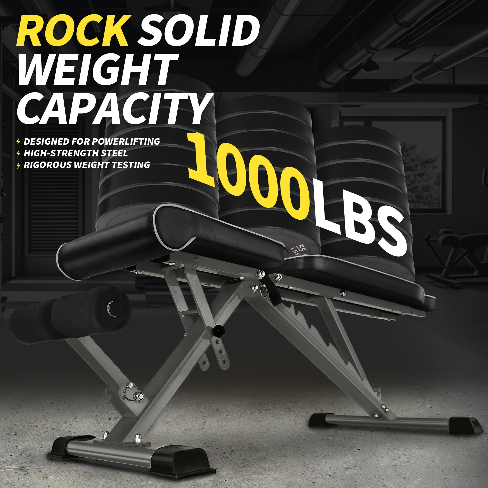 Adjustable Weight Bench,1000 LB Fast Folding Workout Bench for Home Gym Strength Training, Incline Decline Flat Utility Bench Press for Full Body Workout, Upright Storage Yellow Exercise Bench