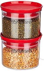Floraware Plastic Air Tight BPA Free Stackable Round Push Multipurpose Containers For Kitchen Organizer 500ml for Rice Dal Flour Snacks Cereals Pack of 2 (Red)