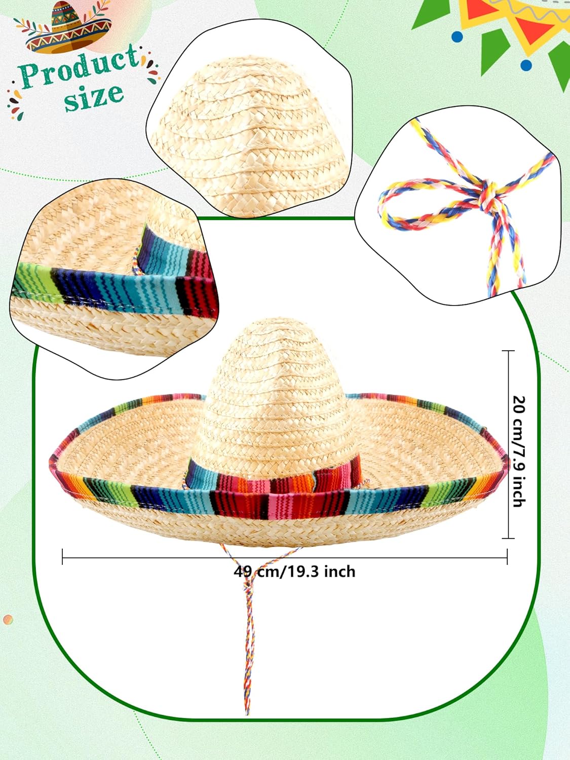 2 Pcs Mexican Sombrero Hat Large Sombrero Straw Hat with Serape Trim Chin Strap for Adult Mexican Party - Image 2