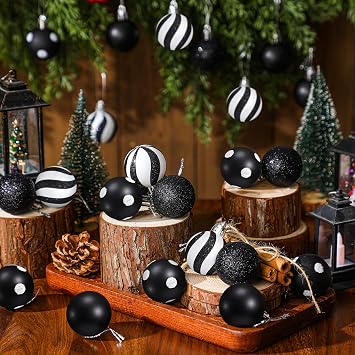 24 Pcs Christmas Ball Ornaments Black and White Hanging Glitter Shatterproof Mini Balls Plastic Christmas Tree Plastic Stripe Dot Ball Decorations for Holiday Party Decor, 1.57 Inch