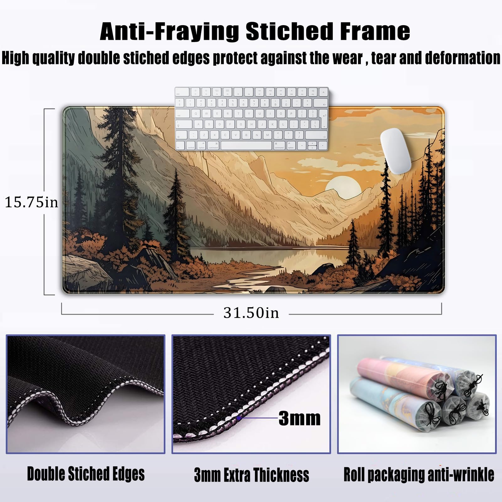 Tapete de escritorio con diseño de montañas de puesta de sol, tamaño XXL, extendido, para juegos, paisaje, grande, para computadora, laptop, escritorio, teclado, decoración de escritorio, 31.5 x 15.7