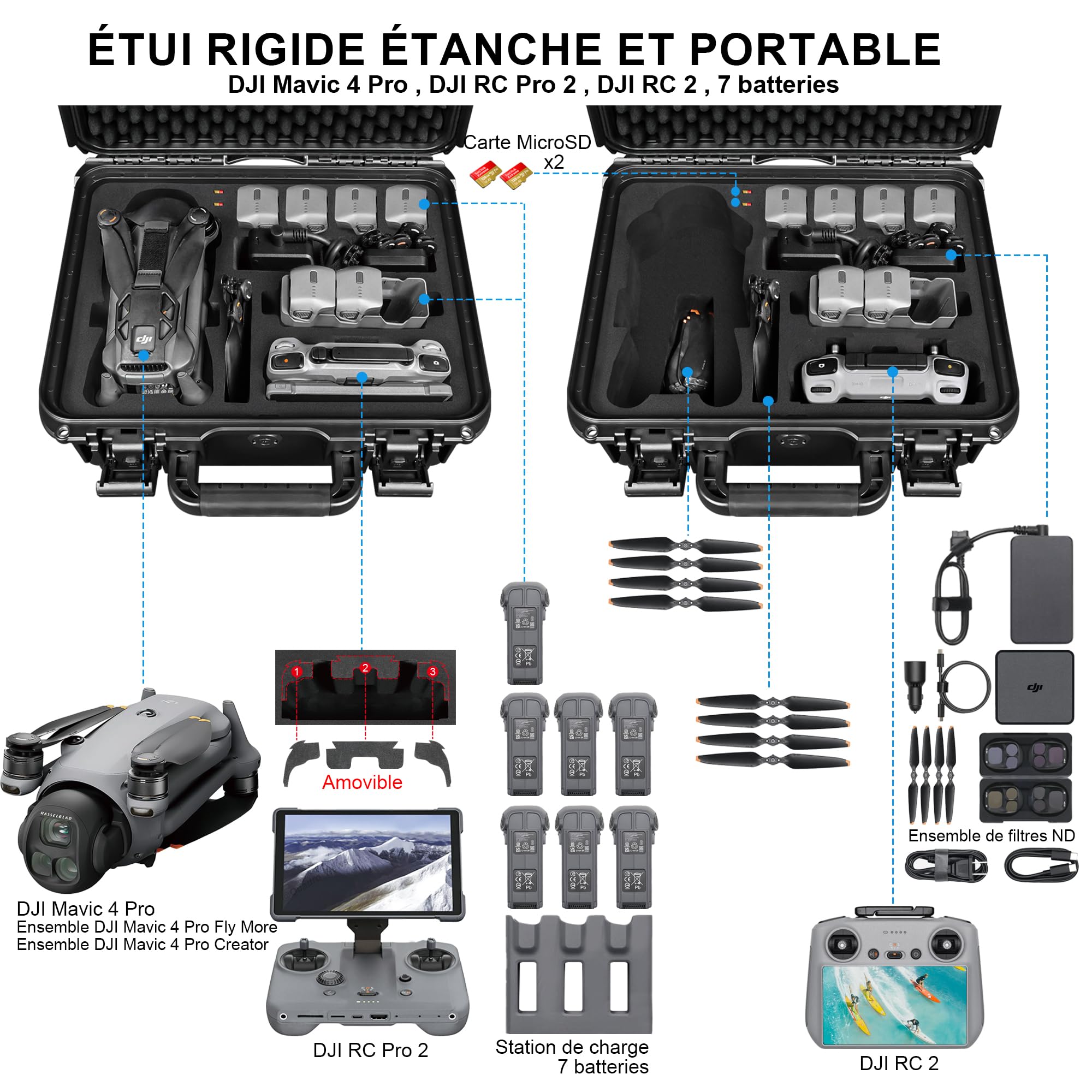 Lekufee Étui de transport rigide étanche pour drone DJI Mavic 4 Pro, Creator Combo, Fly More Combo, DJI RC Pro 2/RC 2, batterie (7 pièces), concentrateur de charge et autres accessoires (étui
