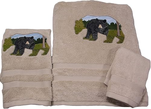 Juego de toallas de baño con contorno de oso negro bordado, rizo beige