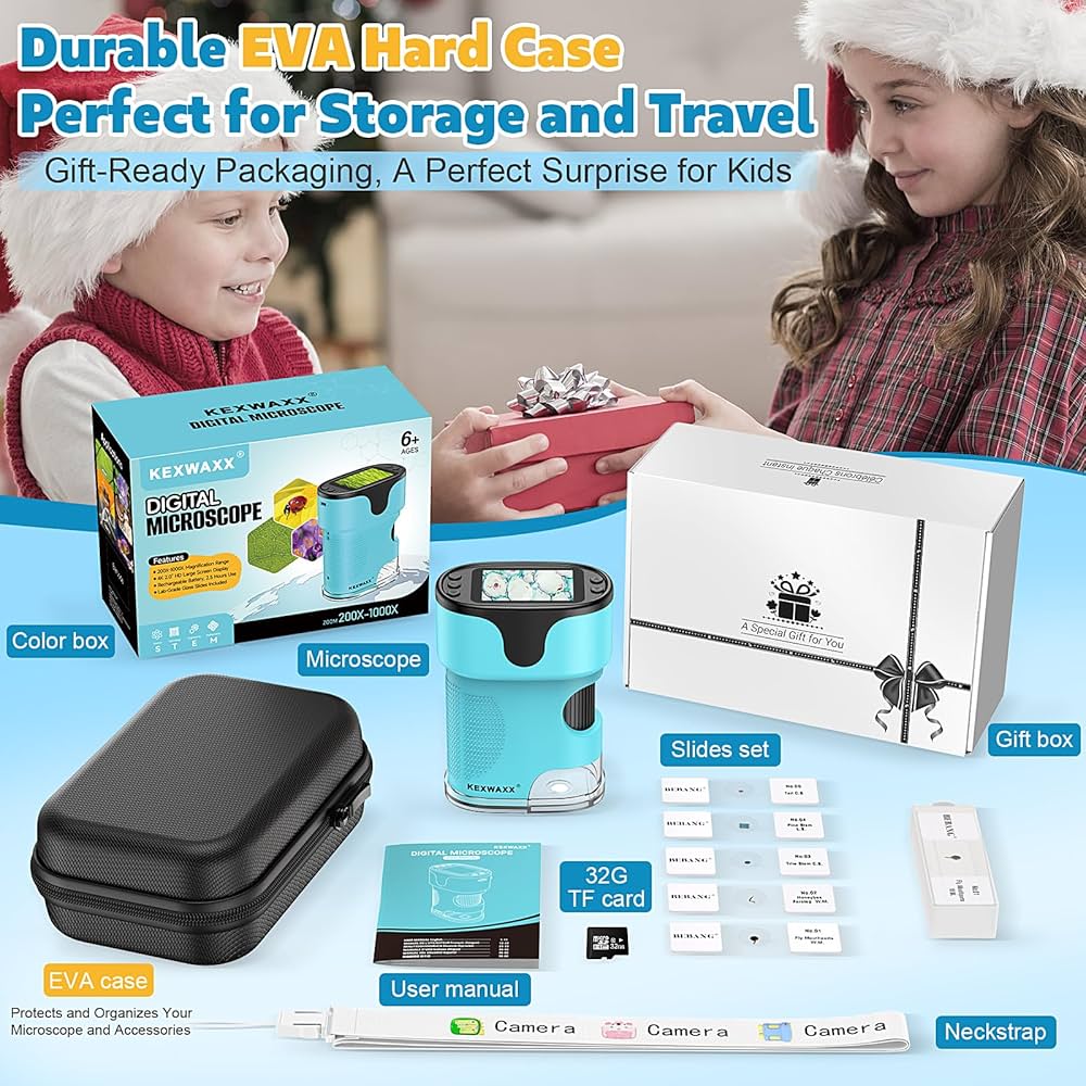 TECPHILE Microscope For Kids Students With Stand Handheld Mini Portable 200- 1000X Magnification Digital Microscope Kit 1080P, 2.0" LCD Screen Rechargeable Pocket Microscope, Photo & Video Recording