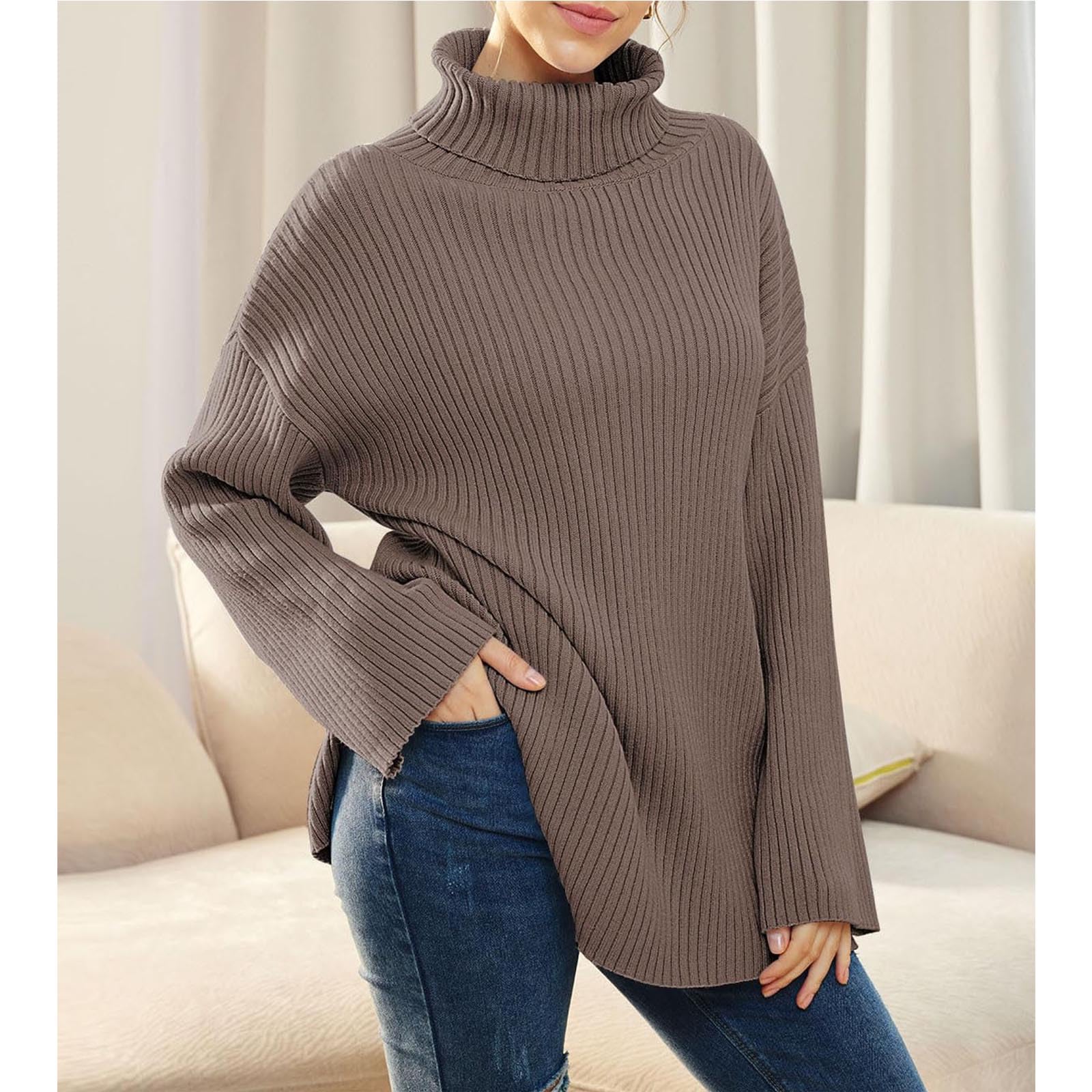 Greabuy Maglione a collo alto oversize alla moda da donna maglione a costine felpa per donna maglione casual camicie da donna maglioni da donna felpe leggere in maglia, Nero , XXL