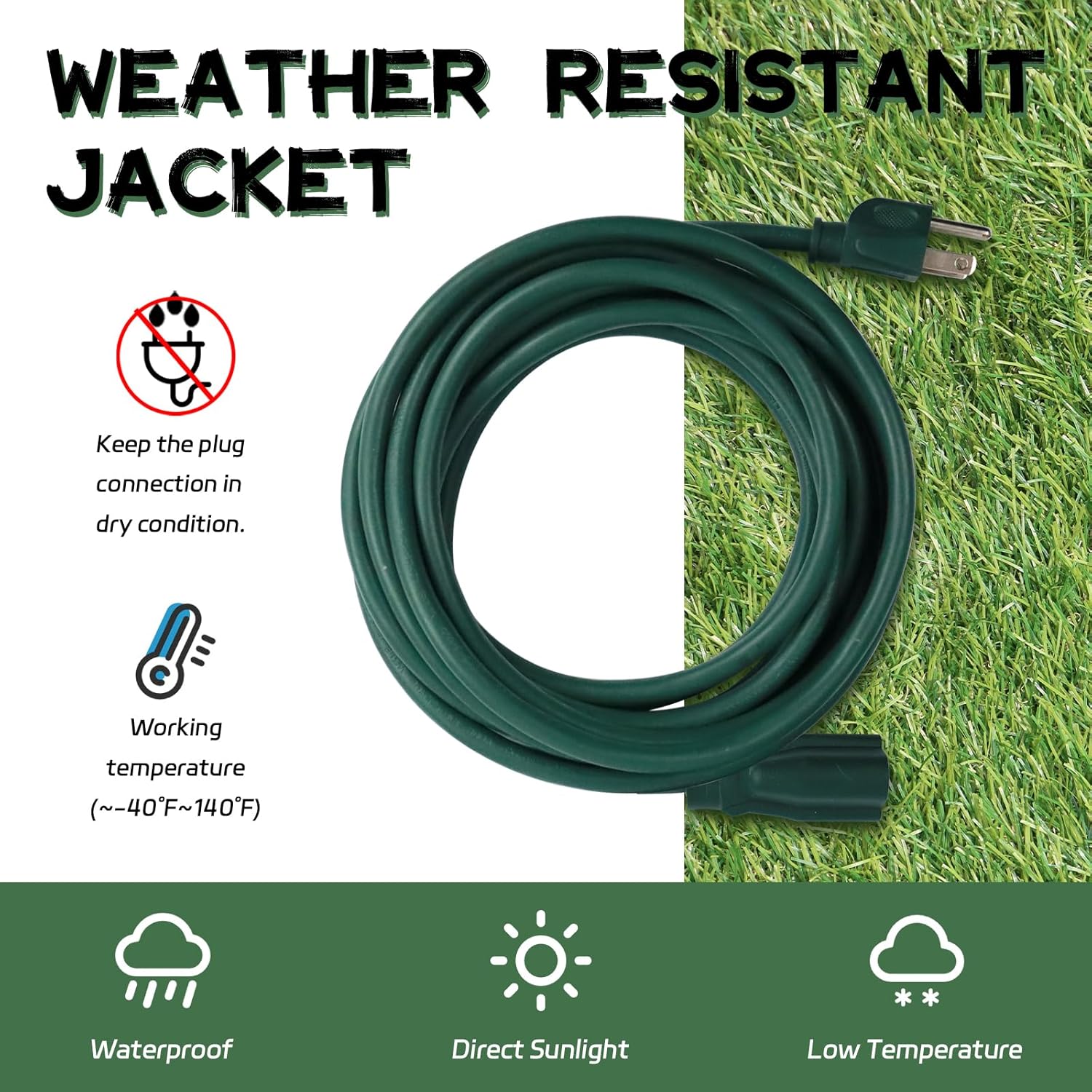 Heavy Duty Outdoor Extension Cord Waterproof - 25 Ft Extension Cords with 3 Prong Grounded Plug, 16/3 SJTW 13A 1625W Green Extension Cable for Lawn, Garden, Appliances, Lights