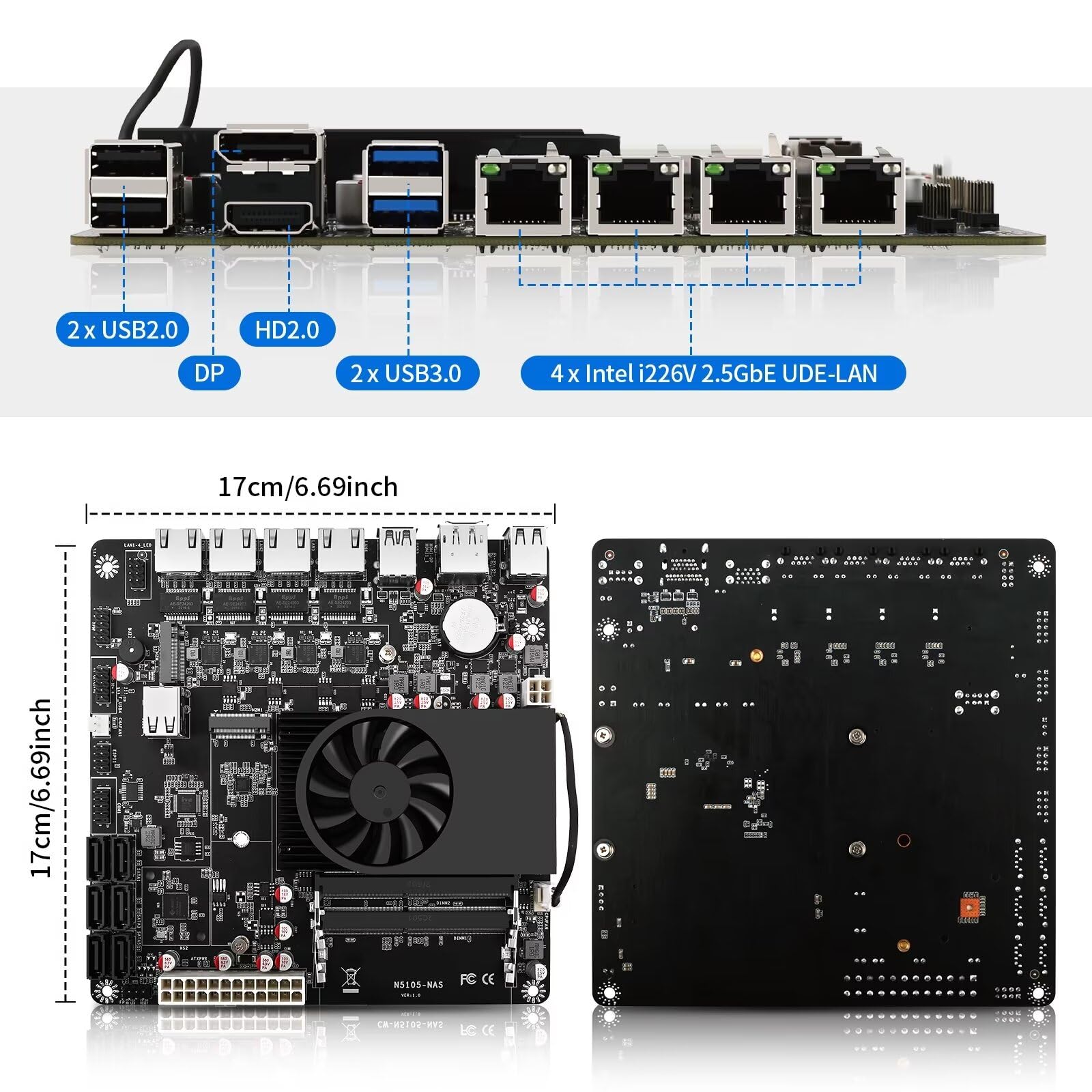 NAS Motherboard Pentium N6005, 6 x SATA3.0, 2 x M.2 NVMe, 2 x DDR4, 4 x I226v 2.5 Gigabit Ethernet, Micro Appliance NAS Board, Barebone, NO RAM NO Storage