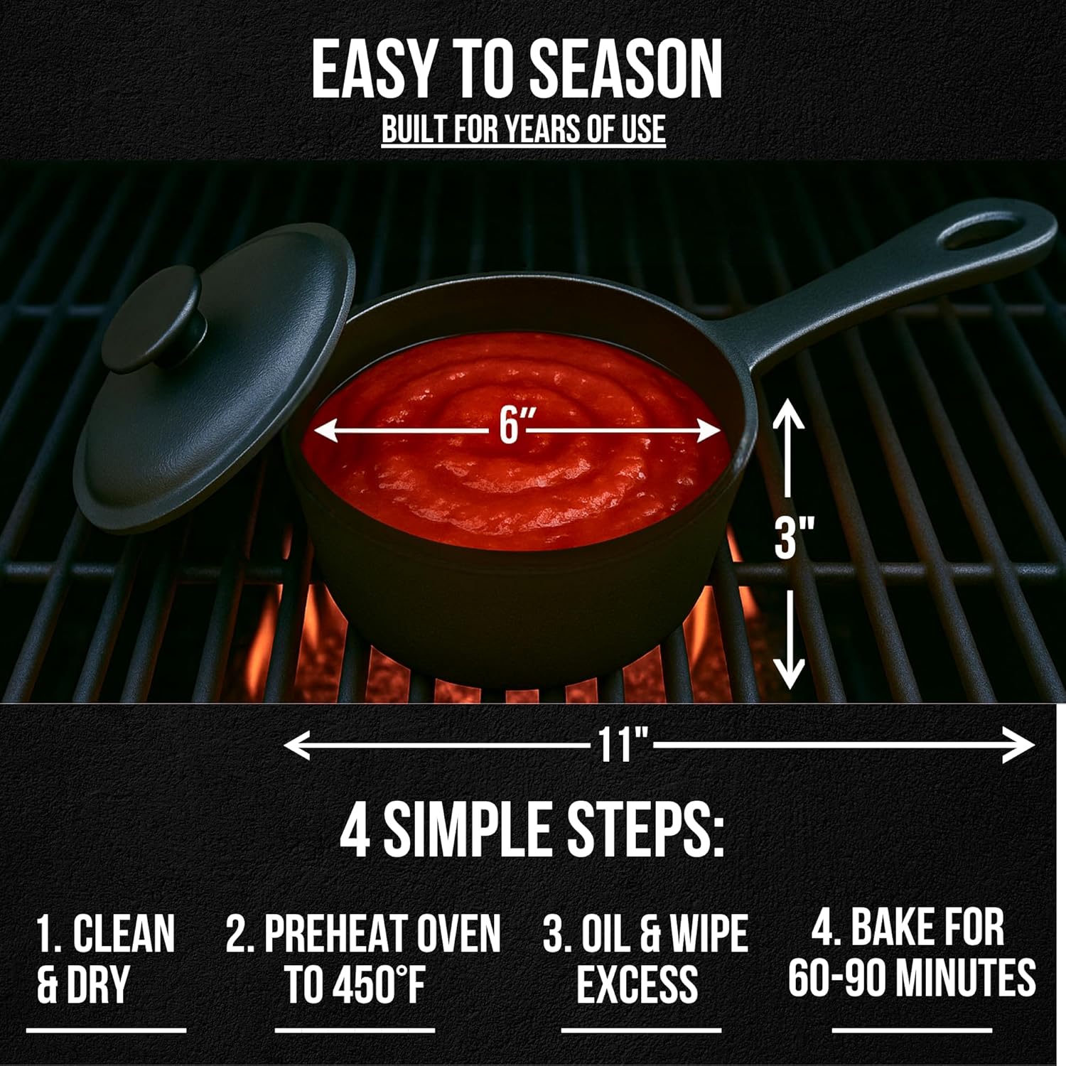 1 QT Cast Iron Sauce Pot with Lid & Wood Brush for Basting, Melting, Simmering Sauce, Butter & Cheese - Built for Cooking, Grilling & Camping - 932°F Max Even Heat Distribution - Professional Grade