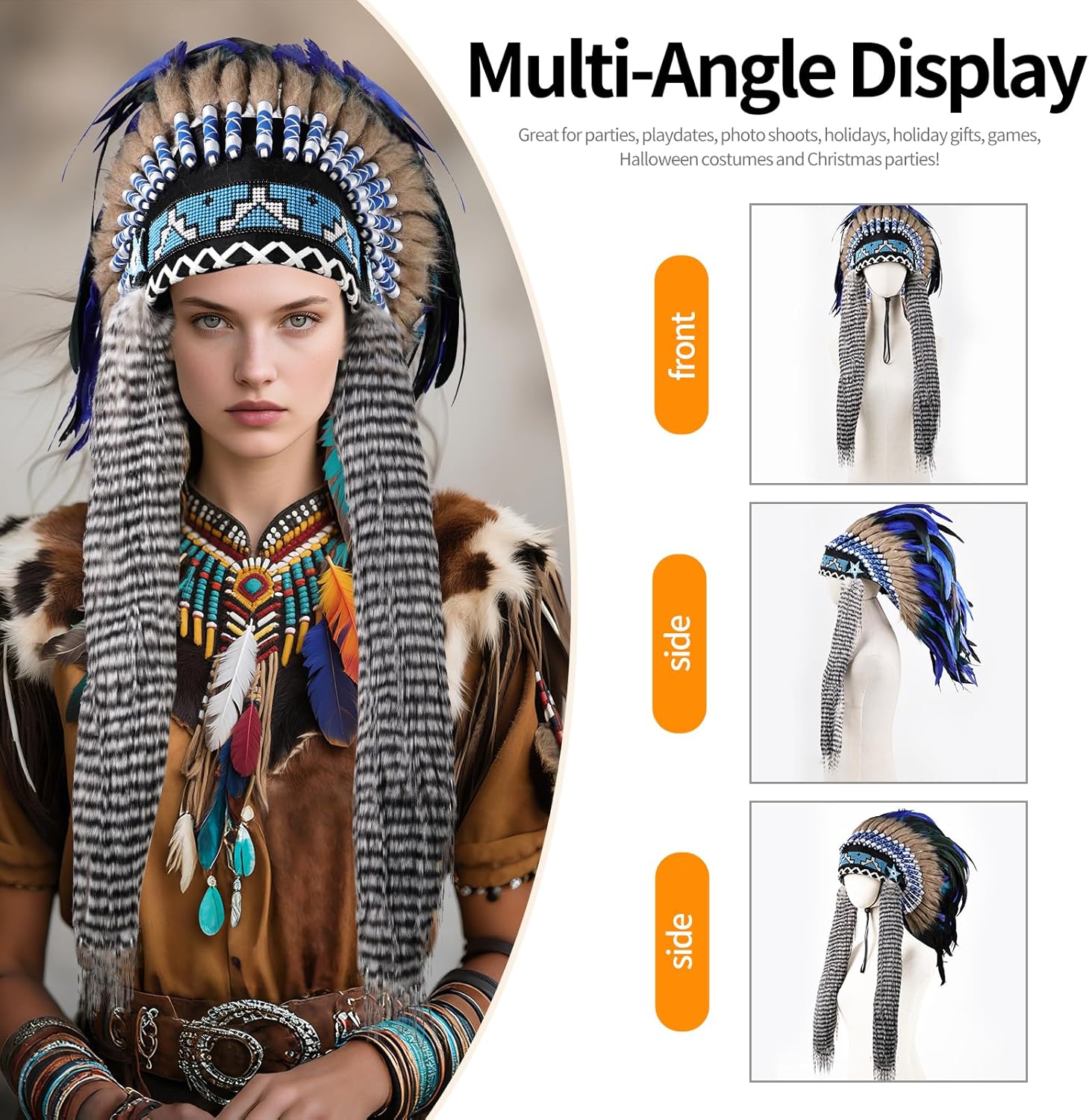 THARAHT Feather Headdress Native American Indian halloween costumes indian costume native american clothing halloween costume - Image 3