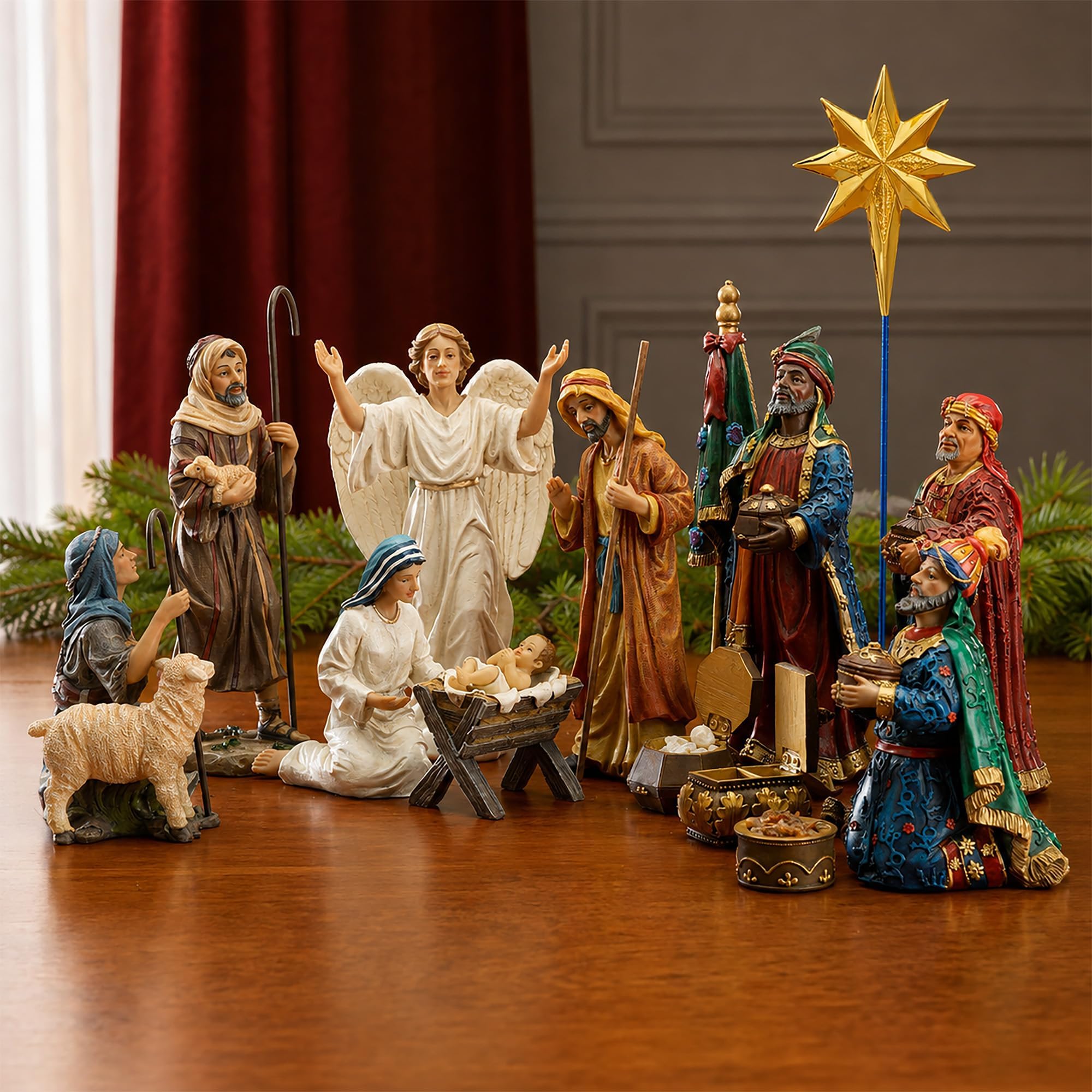 Three Kings Gifts 11-Piece Real Gold Christmas Nativity Scene Set, 7-Inch Scale Polystone Holy Family, Magi Wise Men, Angel, and Shepherds, Complete Holiday Tabletop Creche Figures Display