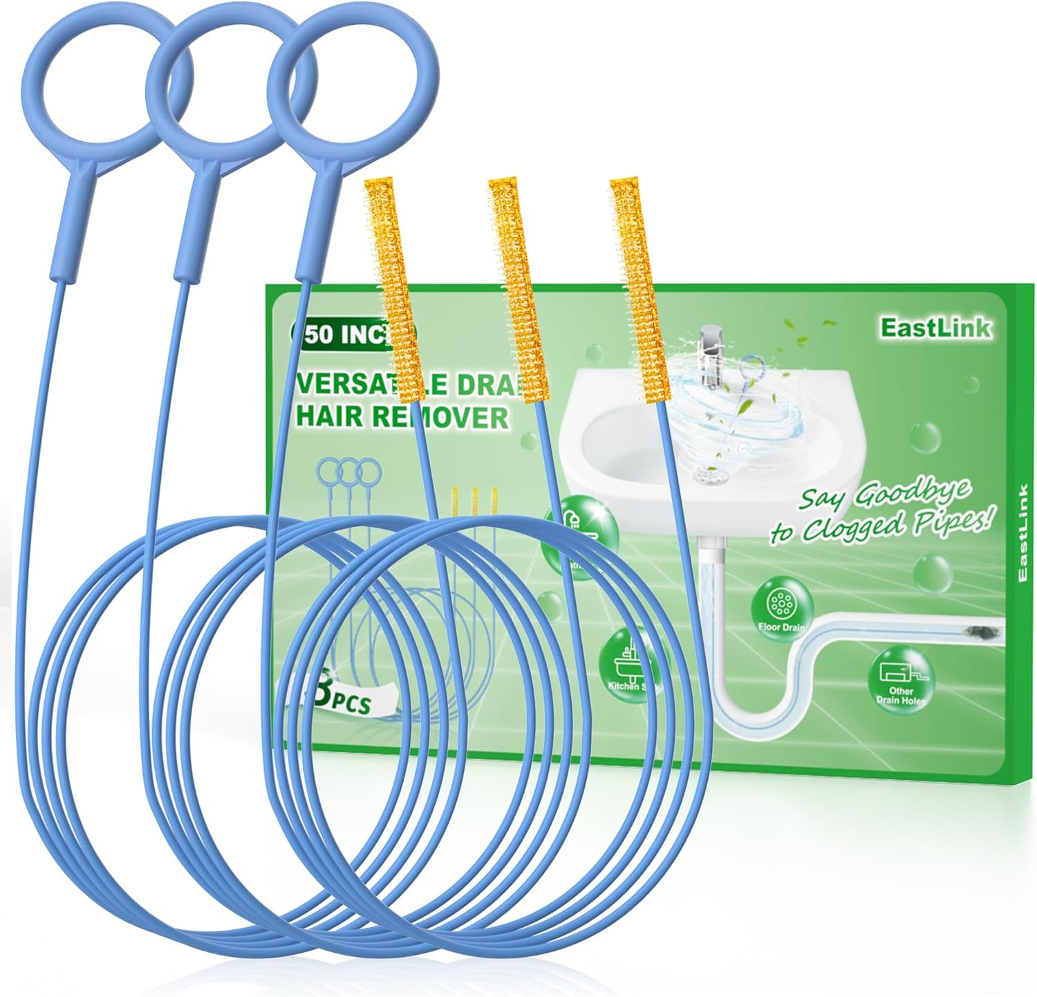 EastLink 50 Inch Sink Snake Hair Drain Clog Remover, Anti-Break Steel Drain Snake Drain Hair Removal Tool, Flexible Shower Snake Drain Augers for Bathroom, Bathtub Drain Hair Catcher, 3 Pack