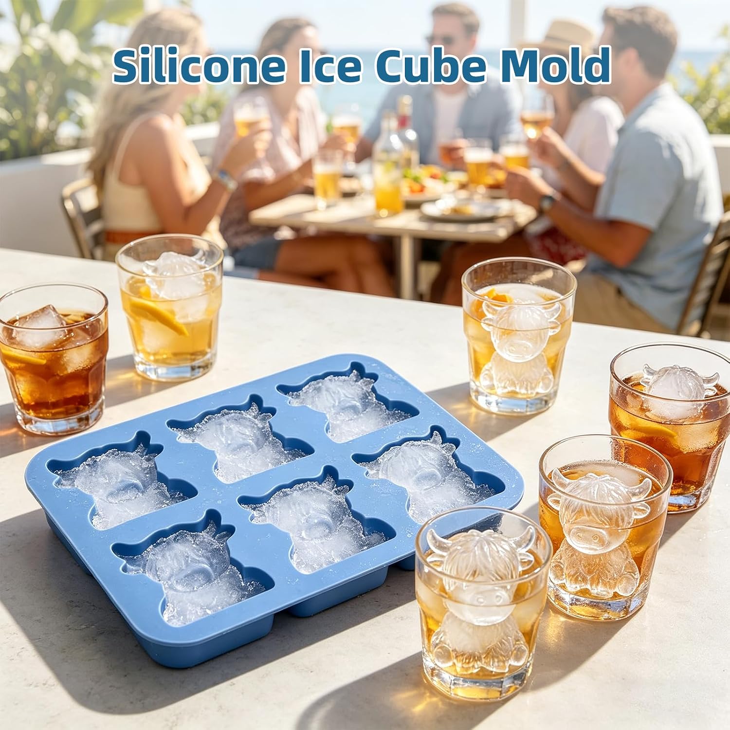 Silicone Ice Cube Mold, Flexible Ice Cube Tray for Juice, Chcolate, Coffee & Cocktails and More, BPA Free Easy Release, 3D Cute Highland Cow Ice Mold 2 Pack (Blue)