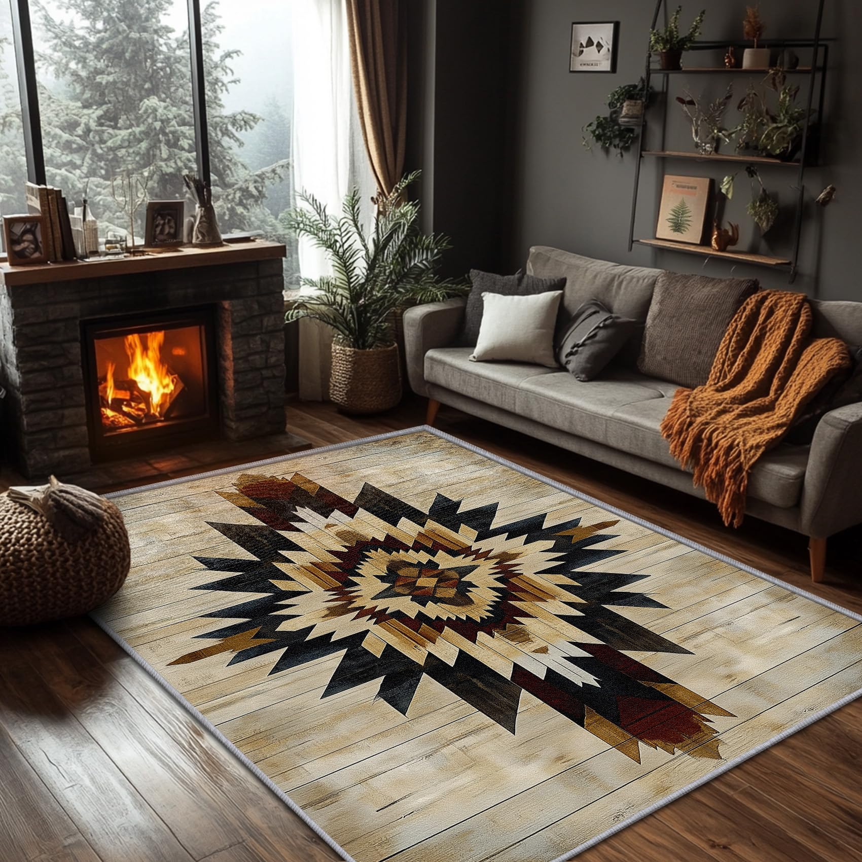 SherAvant Aztec Area Rug - 7x10 ft - Multi Color - Rustic Ethic - Non Slip - Fade Resistant - Stain Resistant - Foldable