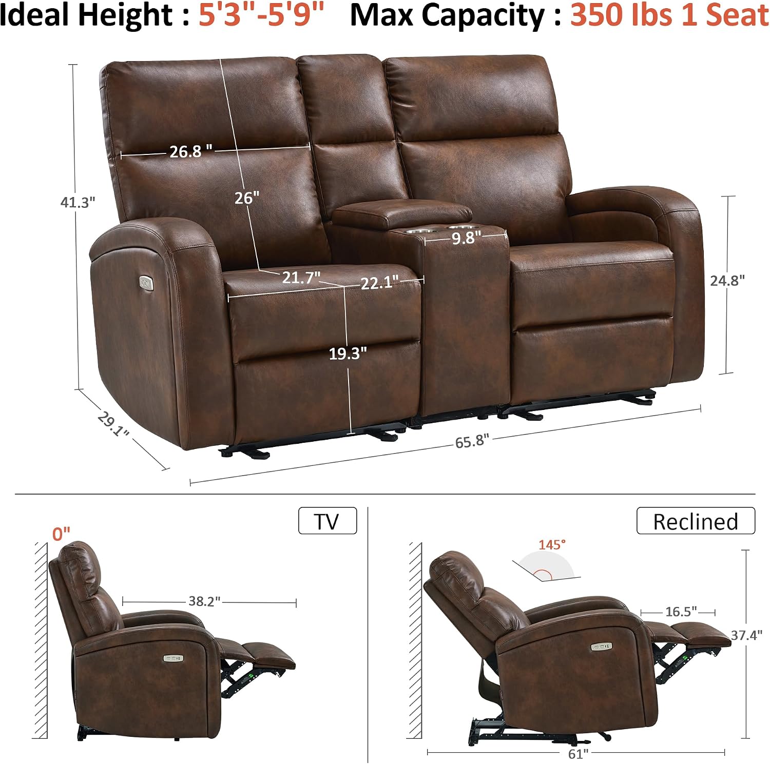 MCombo Zero Wall Recliner Loveseat, 2-Seat Power Wall Hugger Sofa with USB & Type-C Dual Ports, for Small Space Living Room RV, Faux Leather PR646 (Dark Brown, Loveseat with Console)