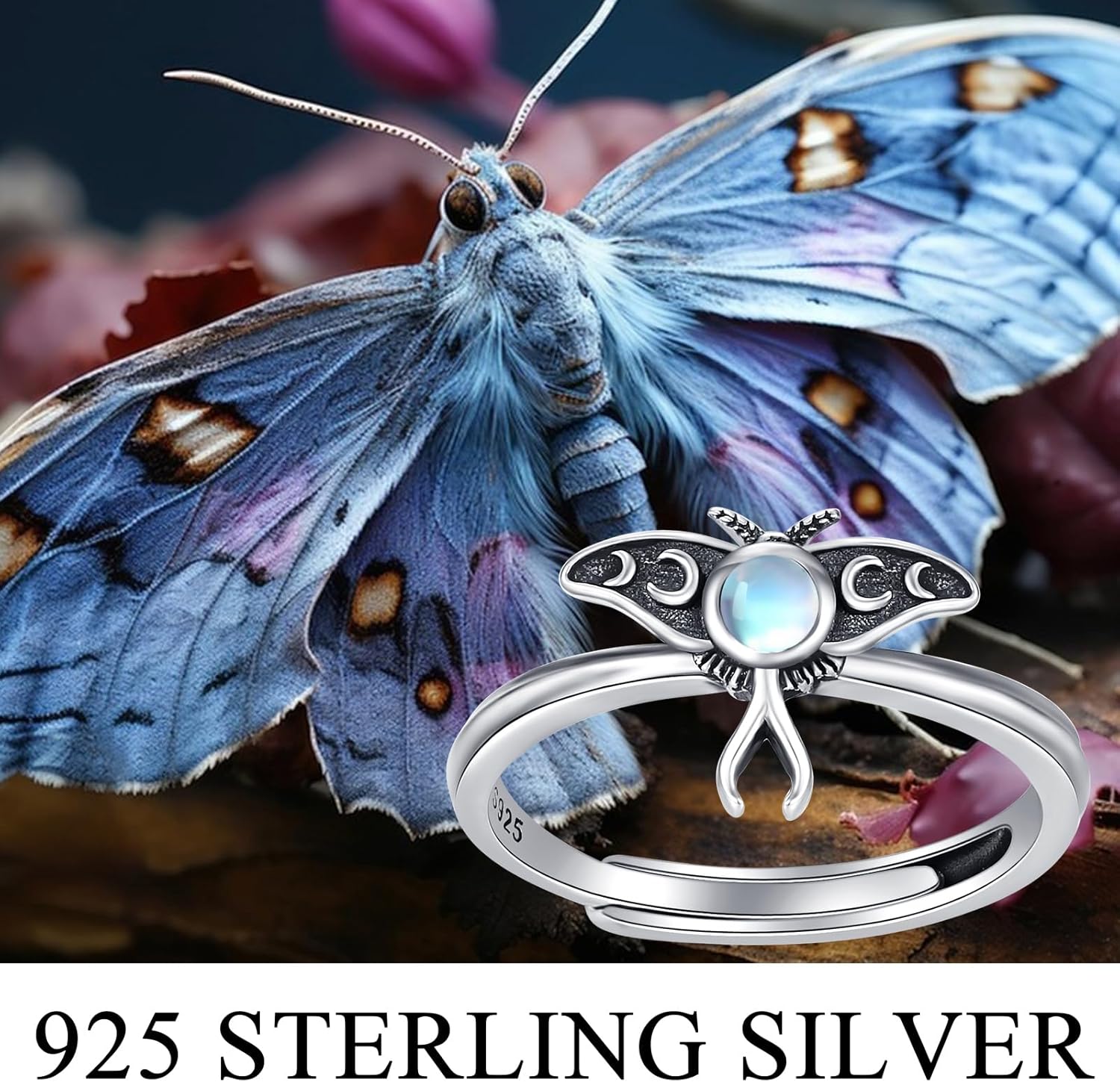 TRISHULA Luna Moth Ring for Women 925 Sterling Silver Moonstone Moth Rings Adjustable Insect Jewelry for Women Gifts for Birthday Halloween Christmas - Image 2