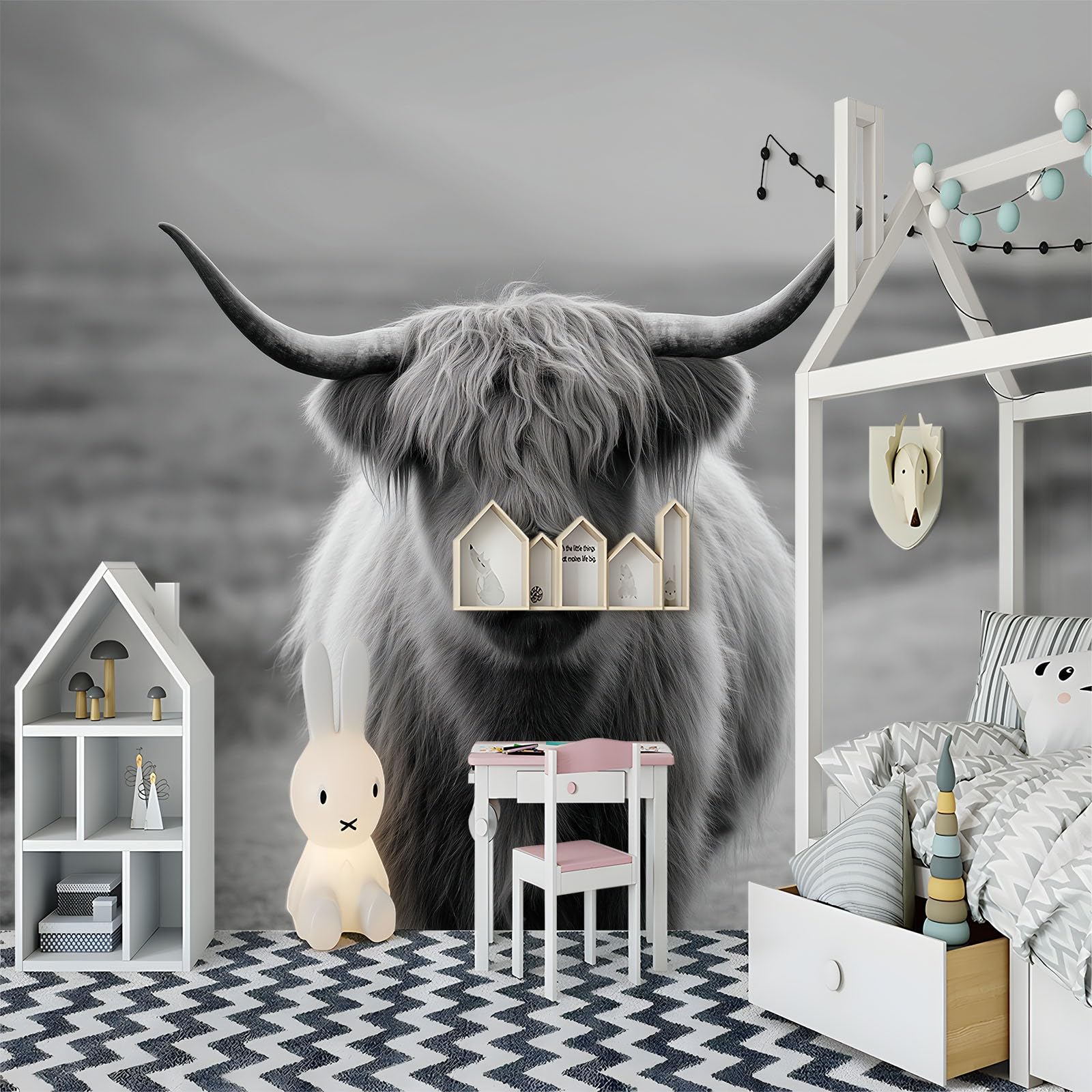 Scottish Highland Cattle 3D panoramiczna fototapeta 300 x 210 cm, fototapeta, szara, włóknina, druk artystyczny, polar, fototapeta, dekoracja, plakat, nowoczesny design