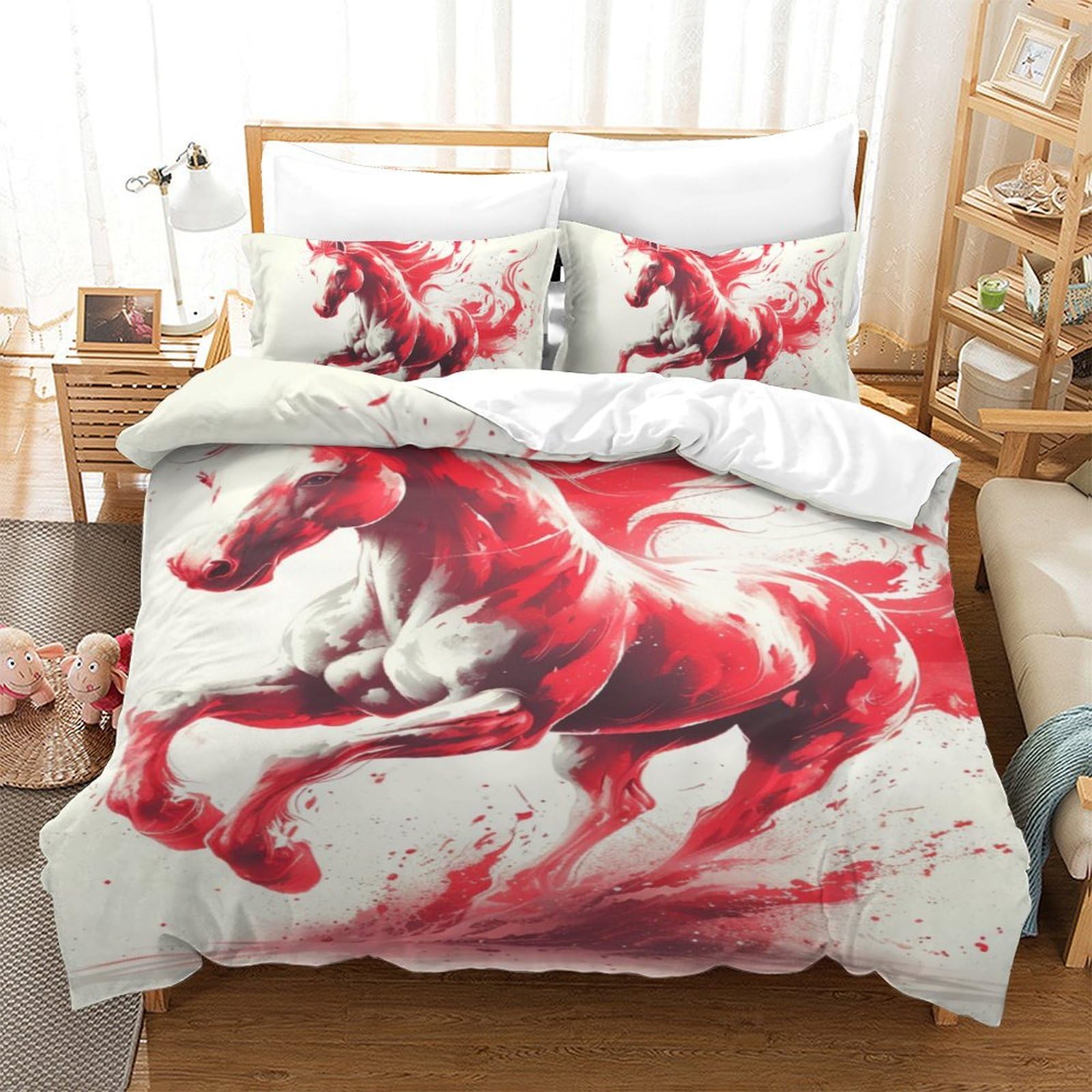 Housse de couette impression 3D cheval rouge parure de lit 3 pièces 140x200 pour literie garçon