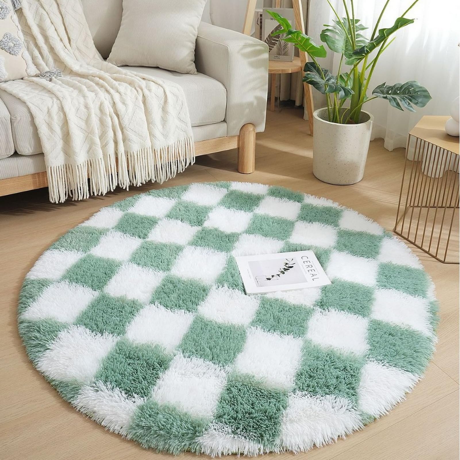 Lifup Tapis Rond Shaggy Damier, Tapis de Salon à Poils Longs à Carreaux, Antidérapant, Lavable, Doux et Moelleux pour Chambre Dortoir Cuisine Vert et Blanc 180 x 180 cm