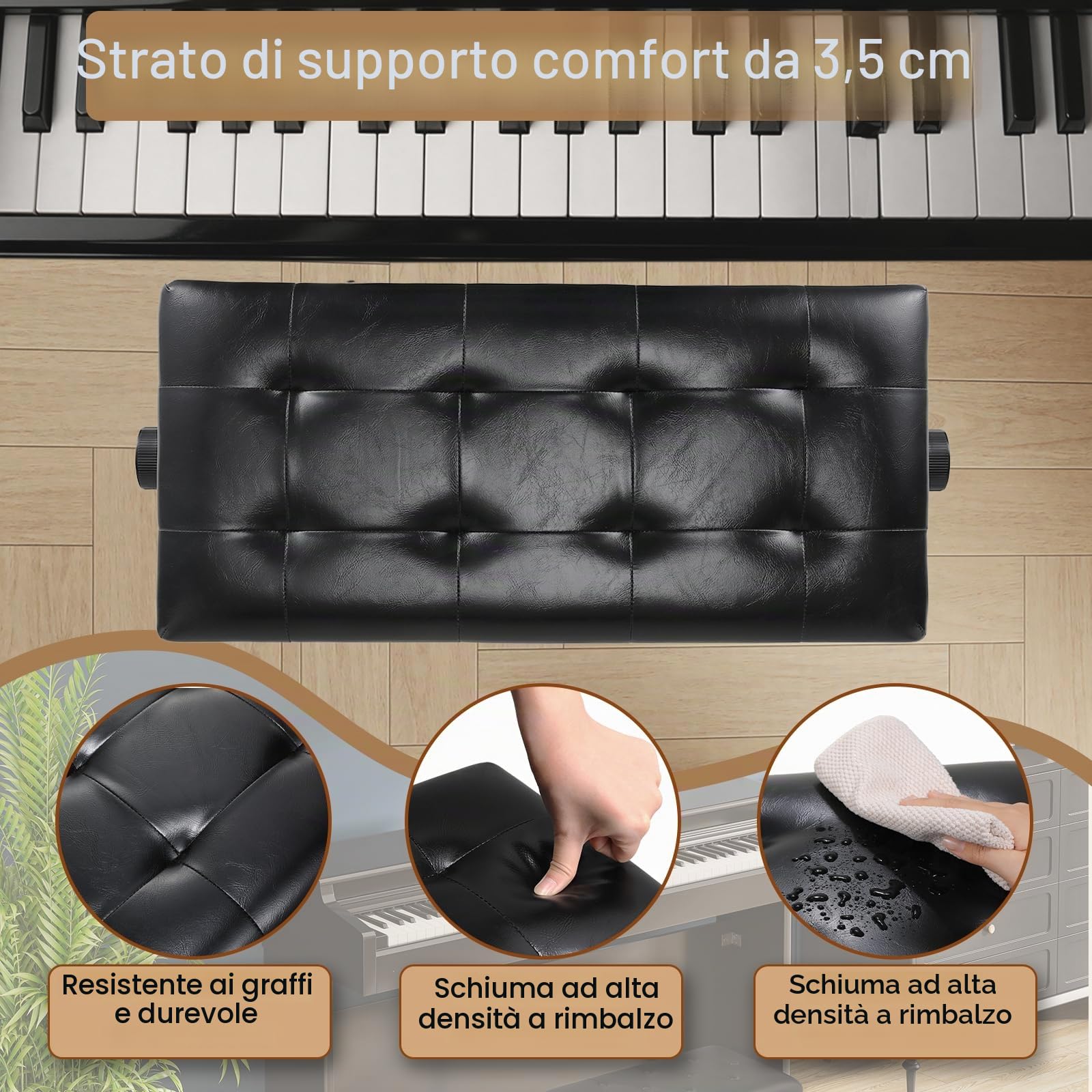 Clevich Sgabello per Pianoforte, Regolabile in Altezza, Panca Pianoforte con Cuscino in Pelle PU, Sedia per Pianoforte Heavy Duty, Portata Fino a 200 KG, Nero