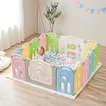 Fortella Cloud Castle Baby Playpen, Folding, Colorful Design, Set of 14, Large, High Type, Height 24.4 inches 62 cm, Toy Panel, Door Opening, Easy Assembly, Baby Circle, Baby Gate, Place On, Compact