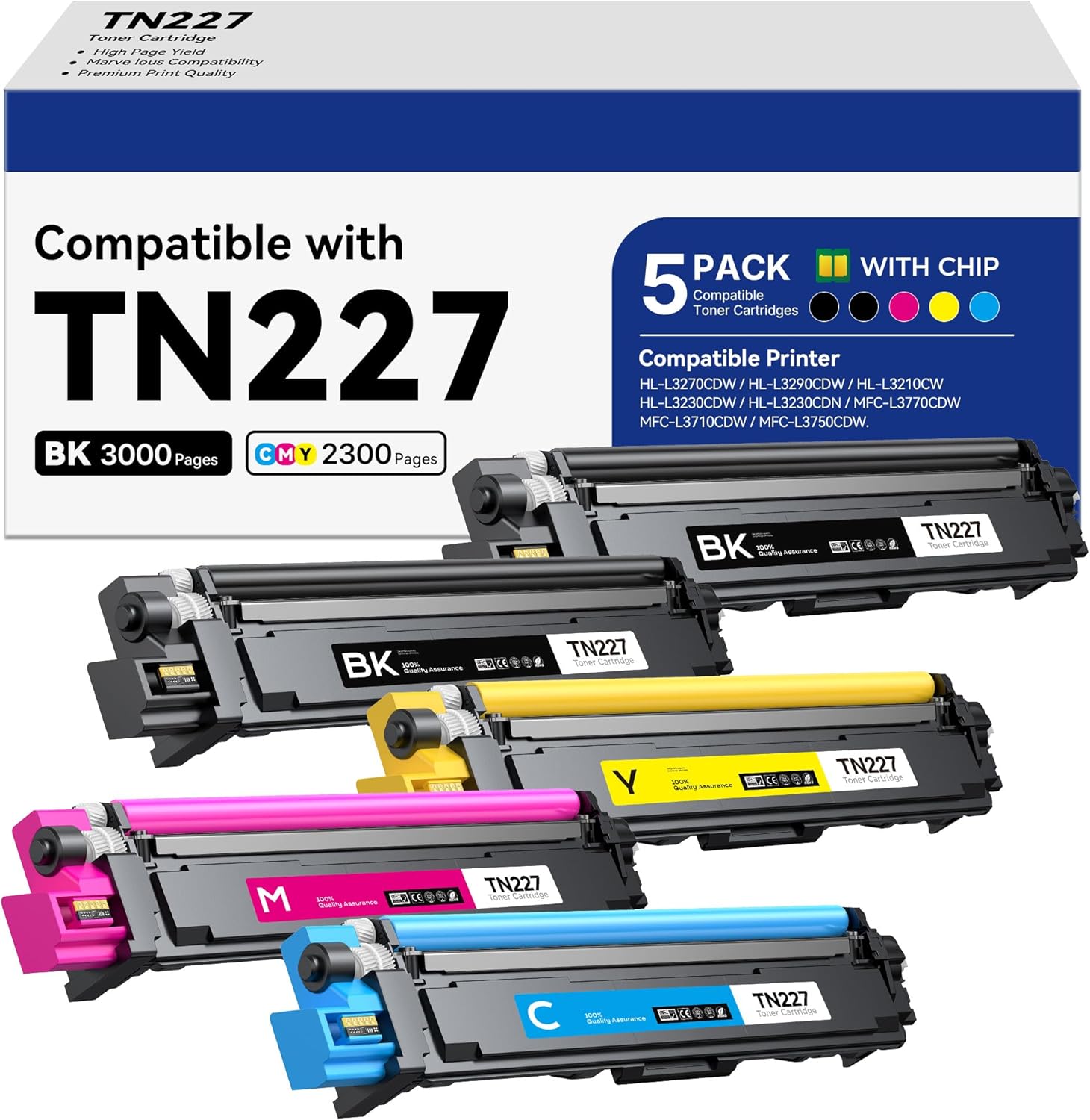 TN227 TN-227BK/C/M/Y Toner Cartridge Compatible Replacement for Brother TN 227 TN-227 High Yield to Work with HL-L3270CDW MFC-L3770CDW HL-L3290CDW HL-L3210CW MFC-L3750CDW Printer (5 Pack, 2BK/C/M/Y)