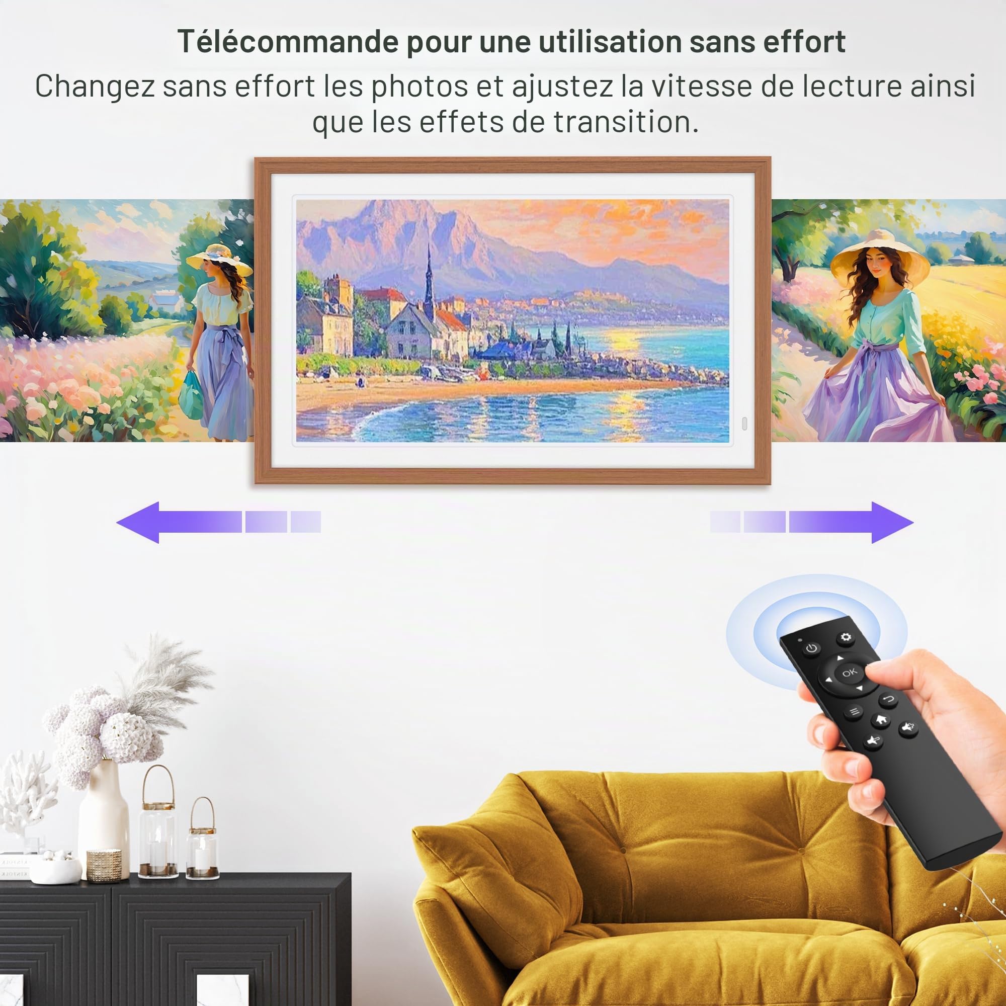 Cadre photo numérique 64 Go 21,5" avec cadre intérieur blanc - FHD 1920 x 1080P IPS - Rotation automatique - Partagez des photos/vidéos instantanément