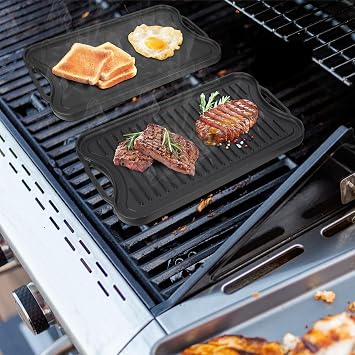 Reversible Cast Iron Griddle Plate for Gas Grill, Stovetop Grill Pan for Electric Stove, Pre-Seasoned Grill Griddle Pan for Gas Stove Top 2 Burner, Extra Large Stove Top Grill Plate 20 x 10.5
