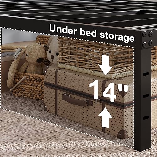 Miniatura 27 de Marco de cama de metal California King, plataforma de almacenamiento resistente de 14 pulgadas con soporte de listones de acero de 2500 libras,