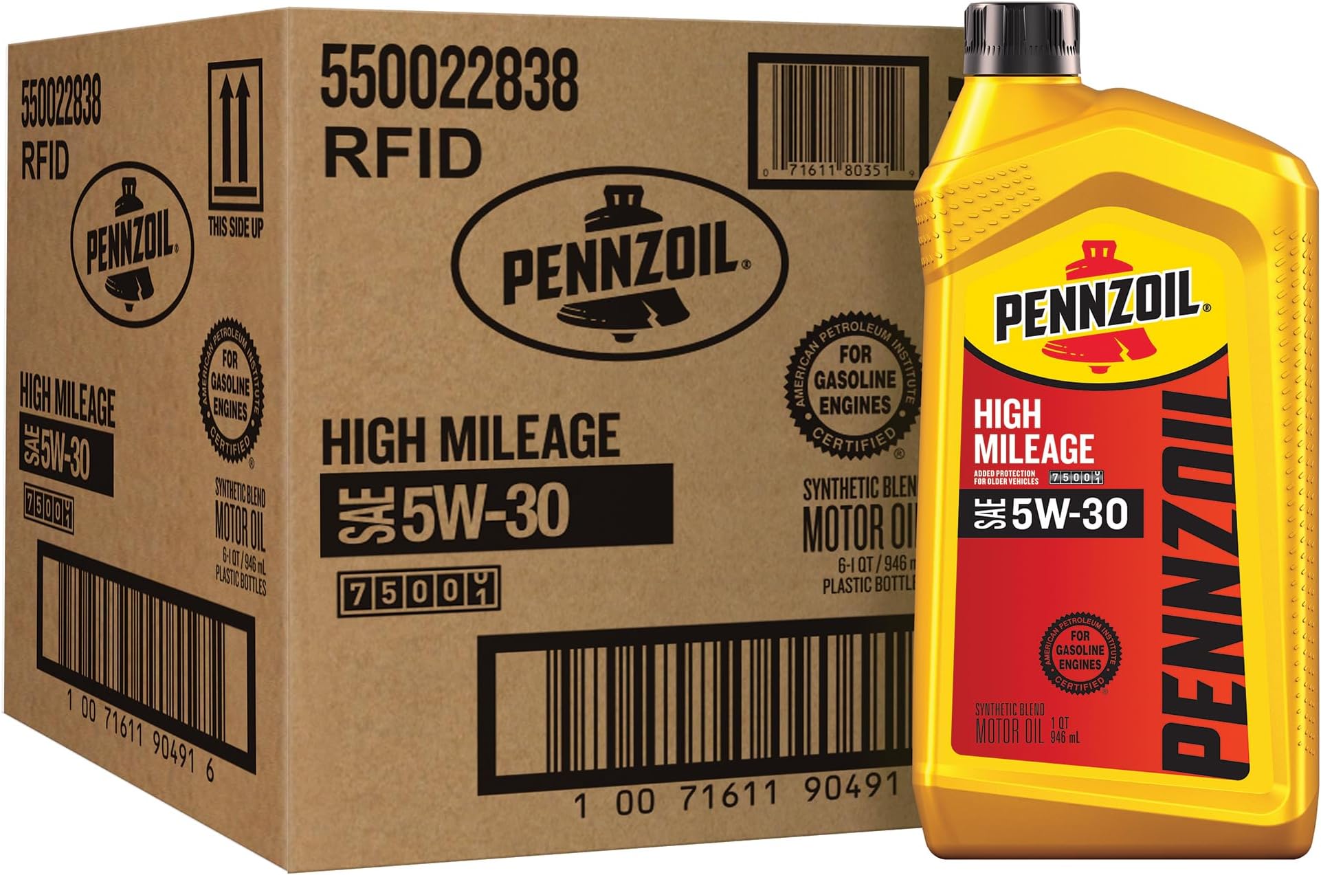 Pennzoil High Mileage 5W-30 Motor Oil, 1 Quart (6 Pack)