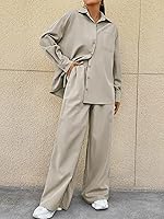 Vista 4 de OYOANGLE Blusa de 2 piezas con botones para mujer, manga larga y pantalones de pierna ancha con bolsillo