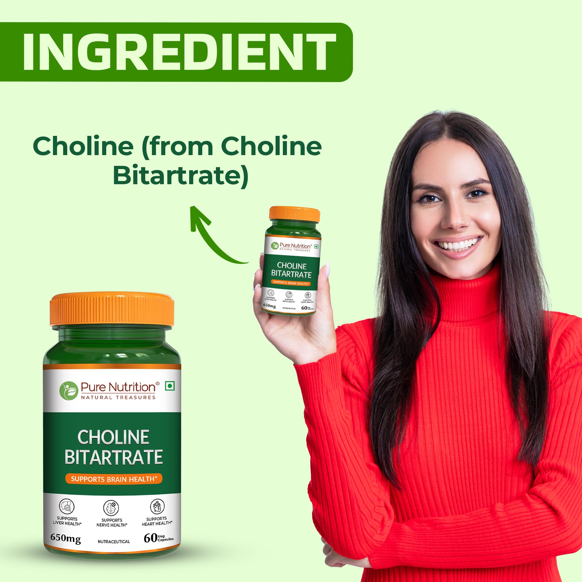 Pure Nutrition Choline Bitartrate 650mg | Choline Supplements Supports Brain, Nerve, Liver & Heart Health | Nootropic Supplement for Cognitive Function - 60 Veg Capsules 2